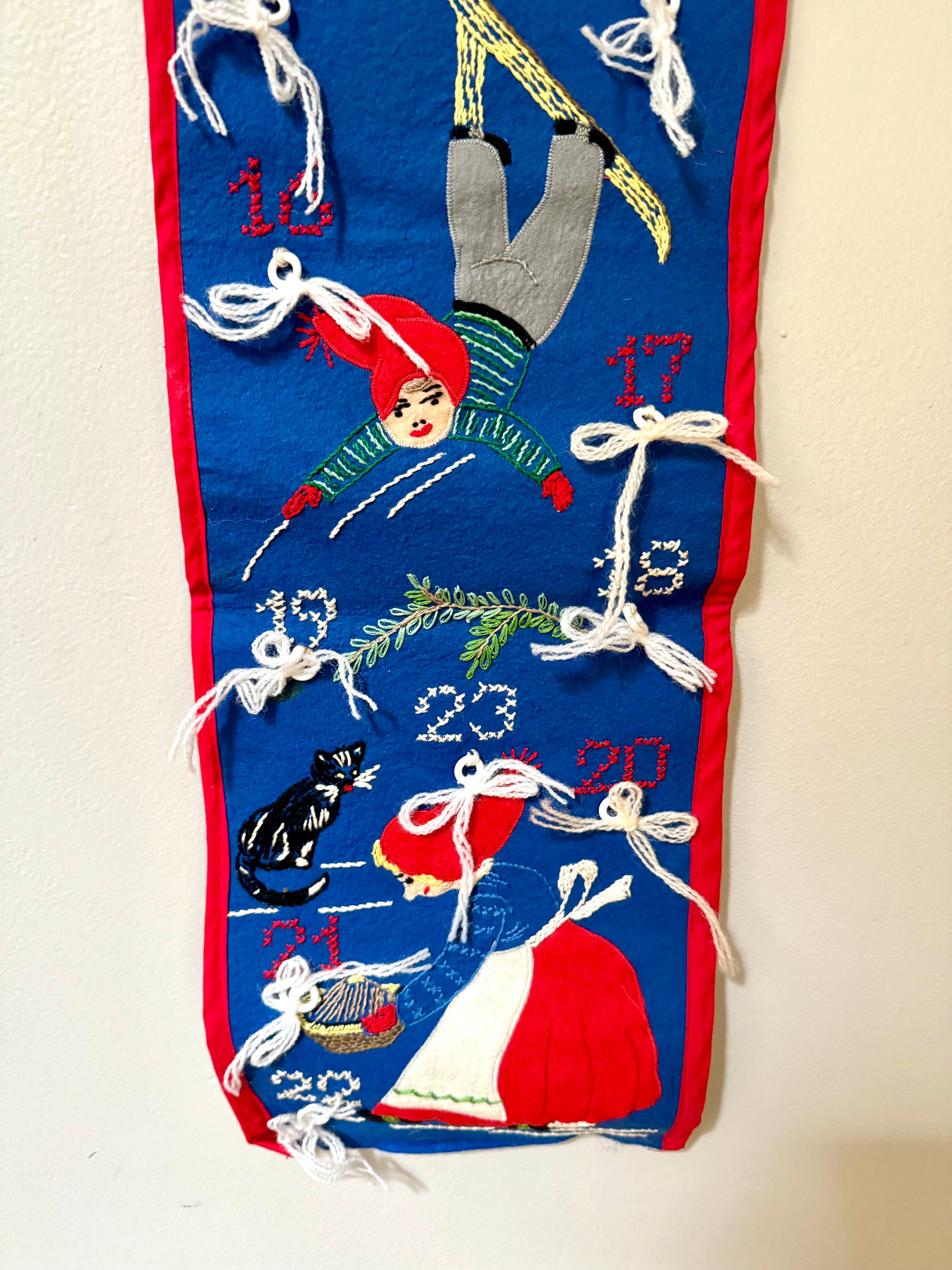 Vintage Danish Embroidered Long Christmas Calendar | Holiday Countdown Embroidered Calendar | Christmas Advent Calenda