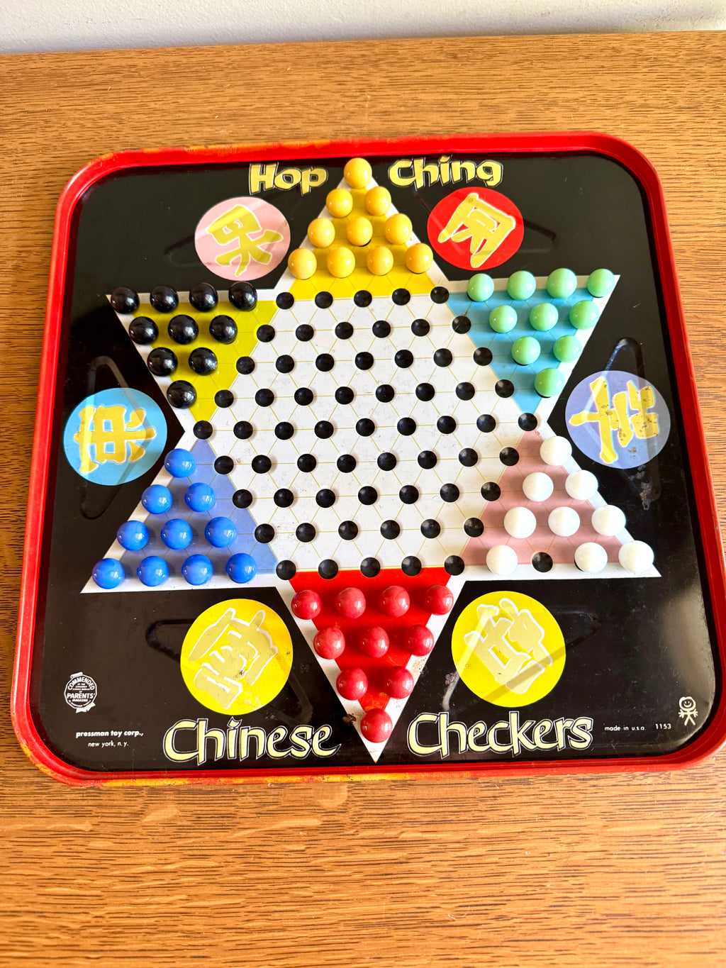 VTG Hop Ching Chinese Checkers Metal Tin Litho Game Board and Marbles ~ Pressman Toys