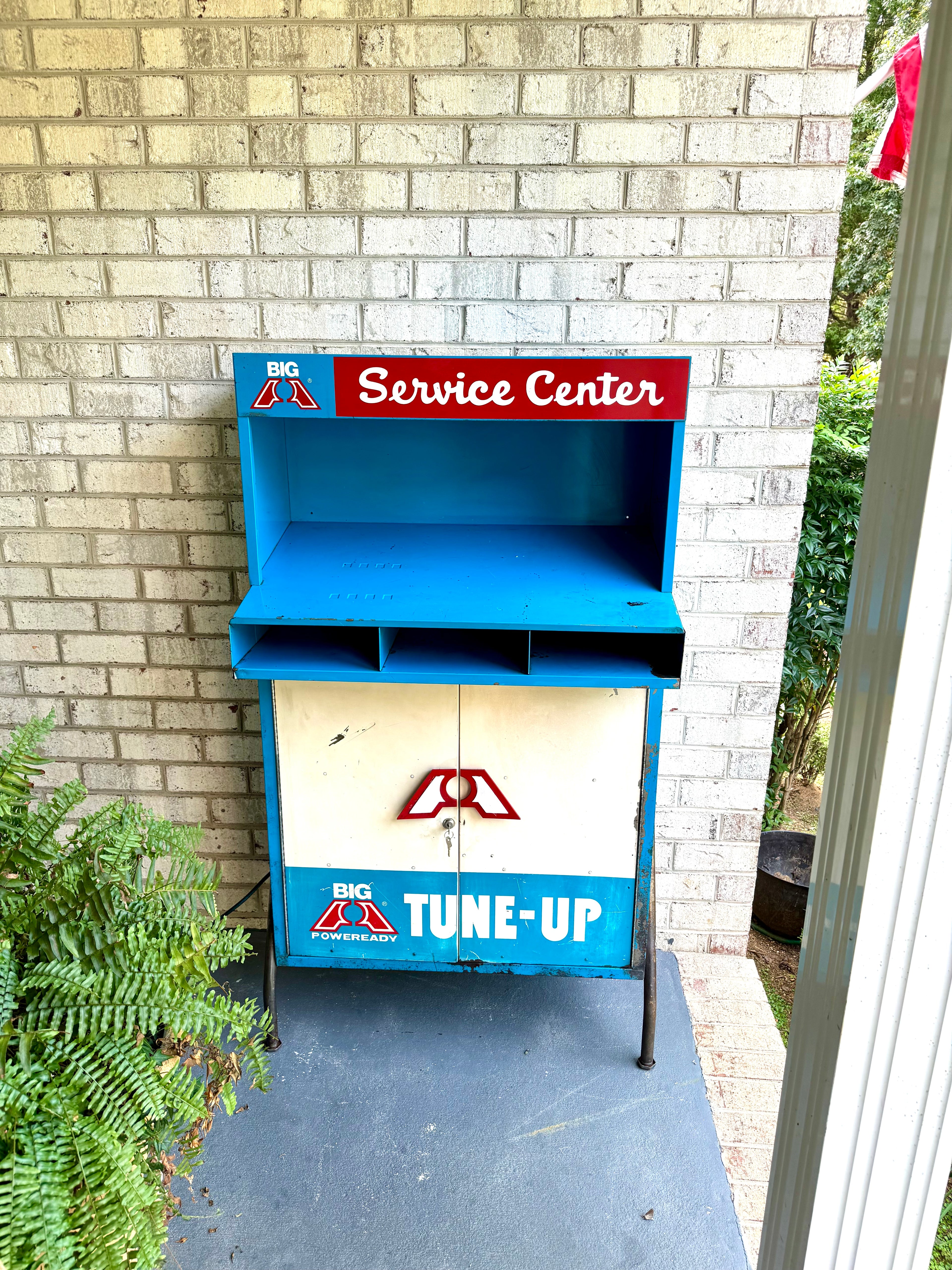 Vintage Metal American Parts Wall Cabinet| Blue Big Poweready Service Station  Cabinet | Power Ready Automotive Standing Cabinet with Lights