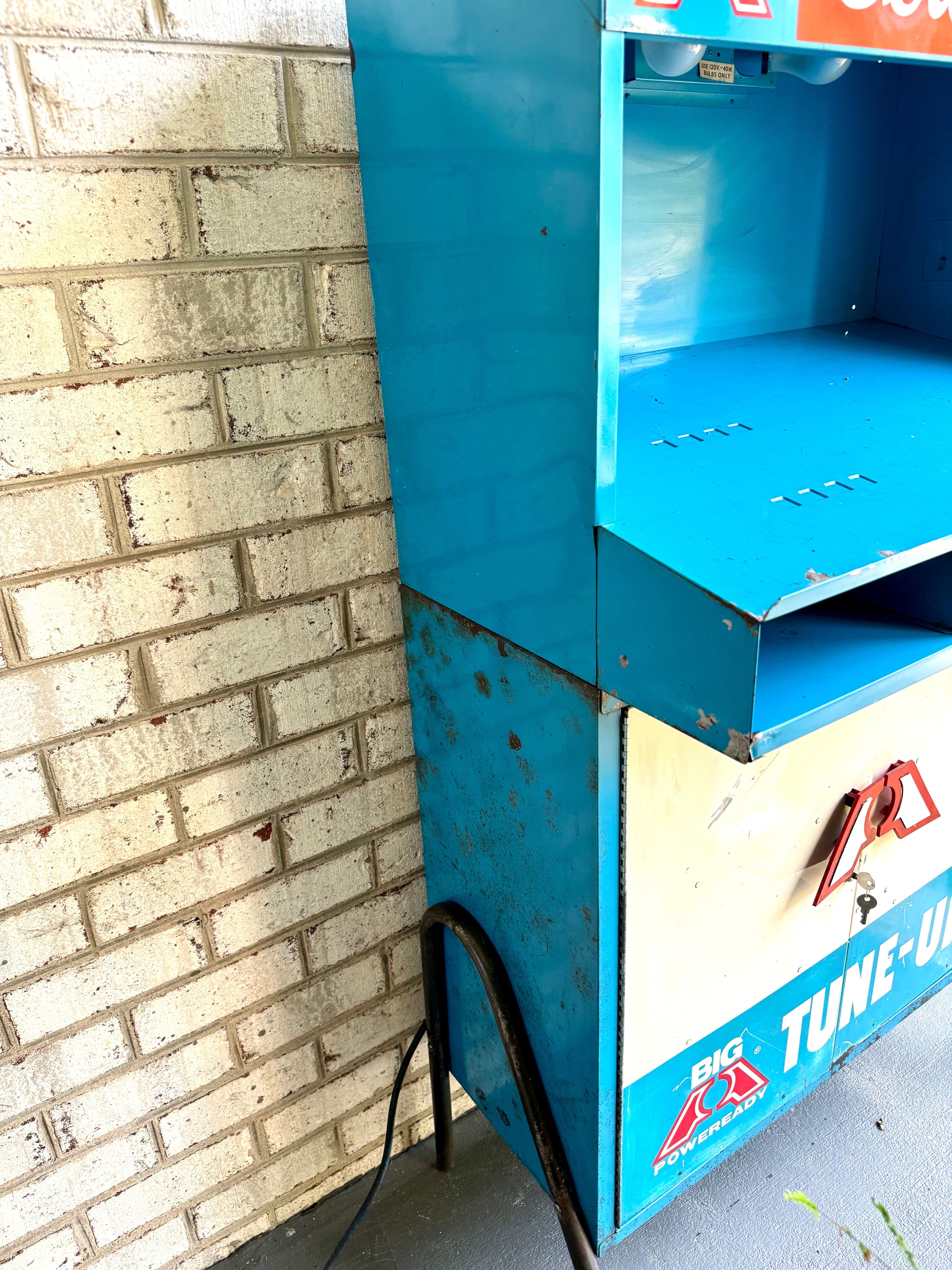 Vintage Metal American Parts Wall Cabinet| Blue Big Poweready Service Station  Cabinet | Power Ready Automotive Standing Cabinet with Lights