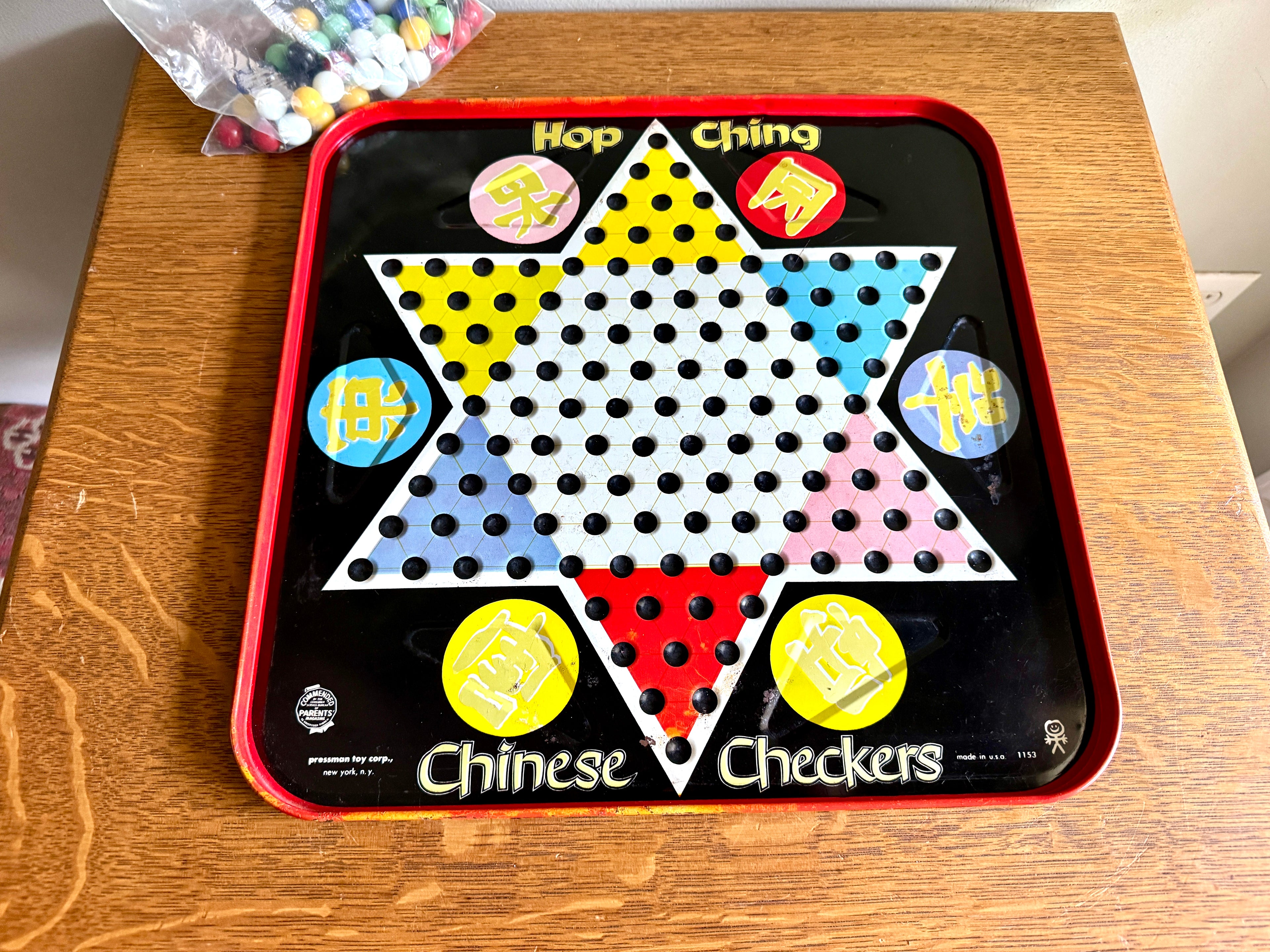 VTG Hop Ching Chinese Checkers Metal Tin Litho Game Board and Marbles ~ Pressman Toys
