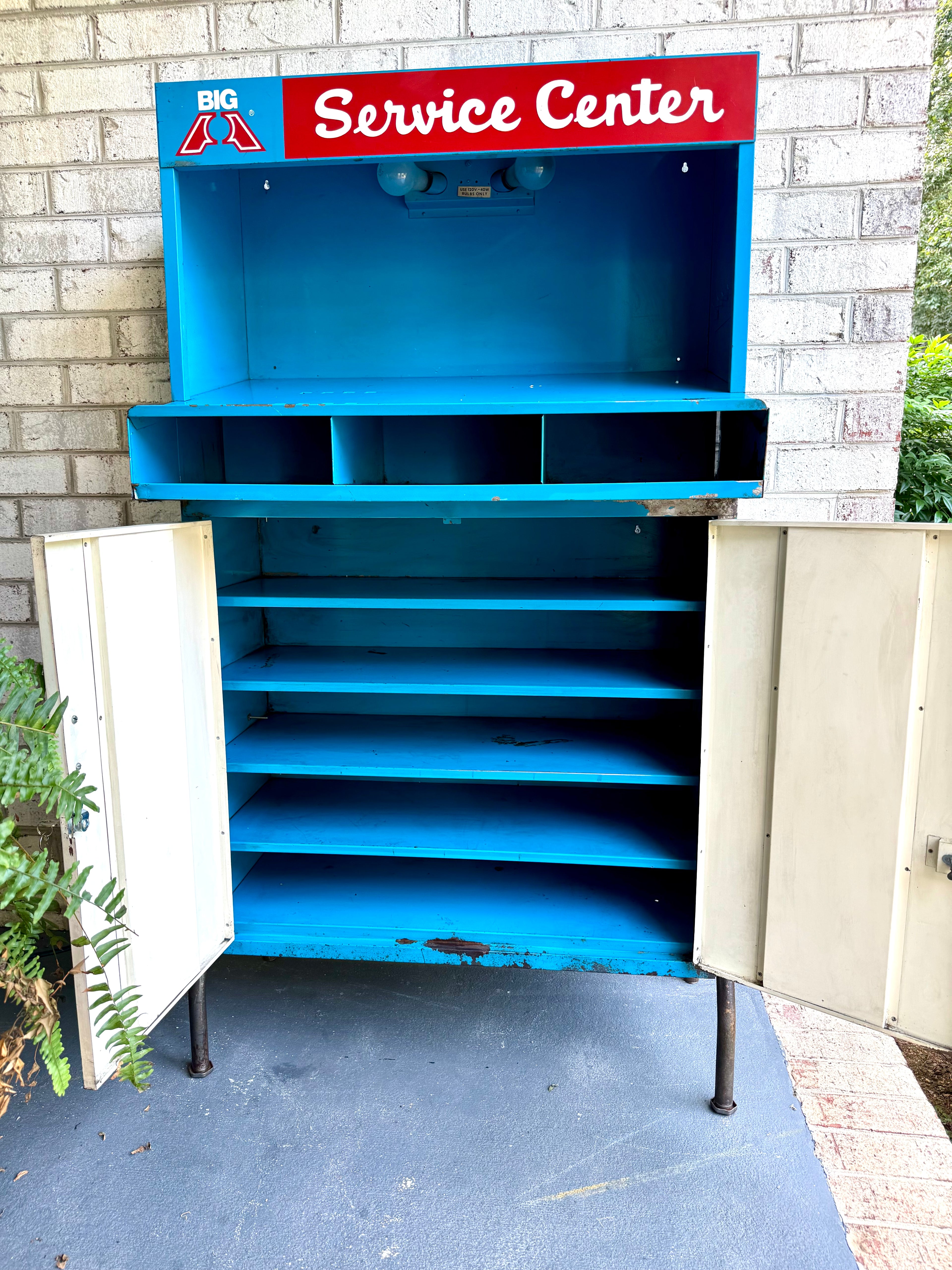 Vintage Metal American Parts Wall Cabinet| Blue Big Poweready Service Station  Cabinet | Power Ready Automotive Standing Cabinet with Lights