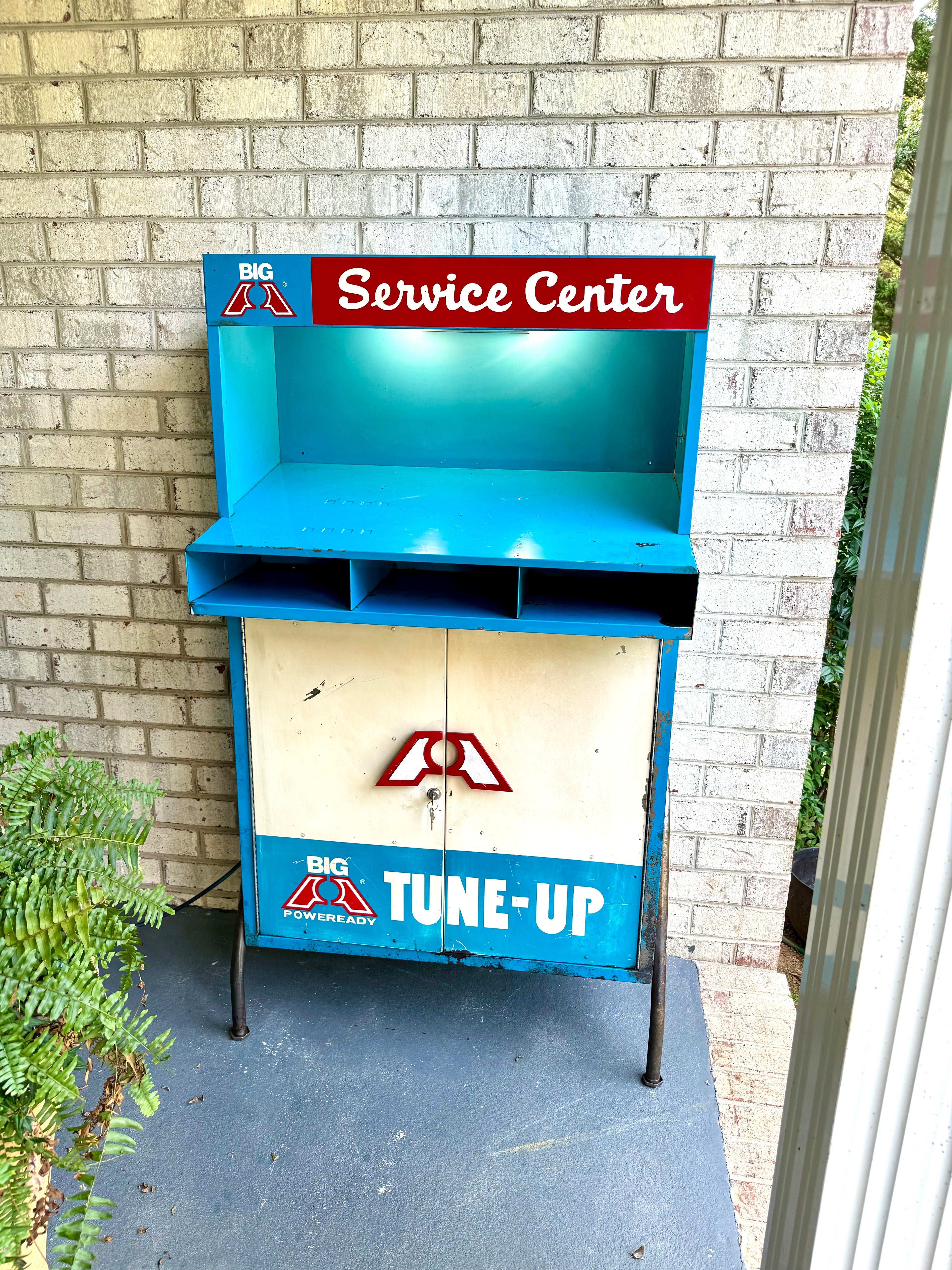 Vintage Metal American Parts Wall Cabinet| Blue Big Poweready Service Station  Cabinet | Power Ready Automotive Standing Cabinet with Lights