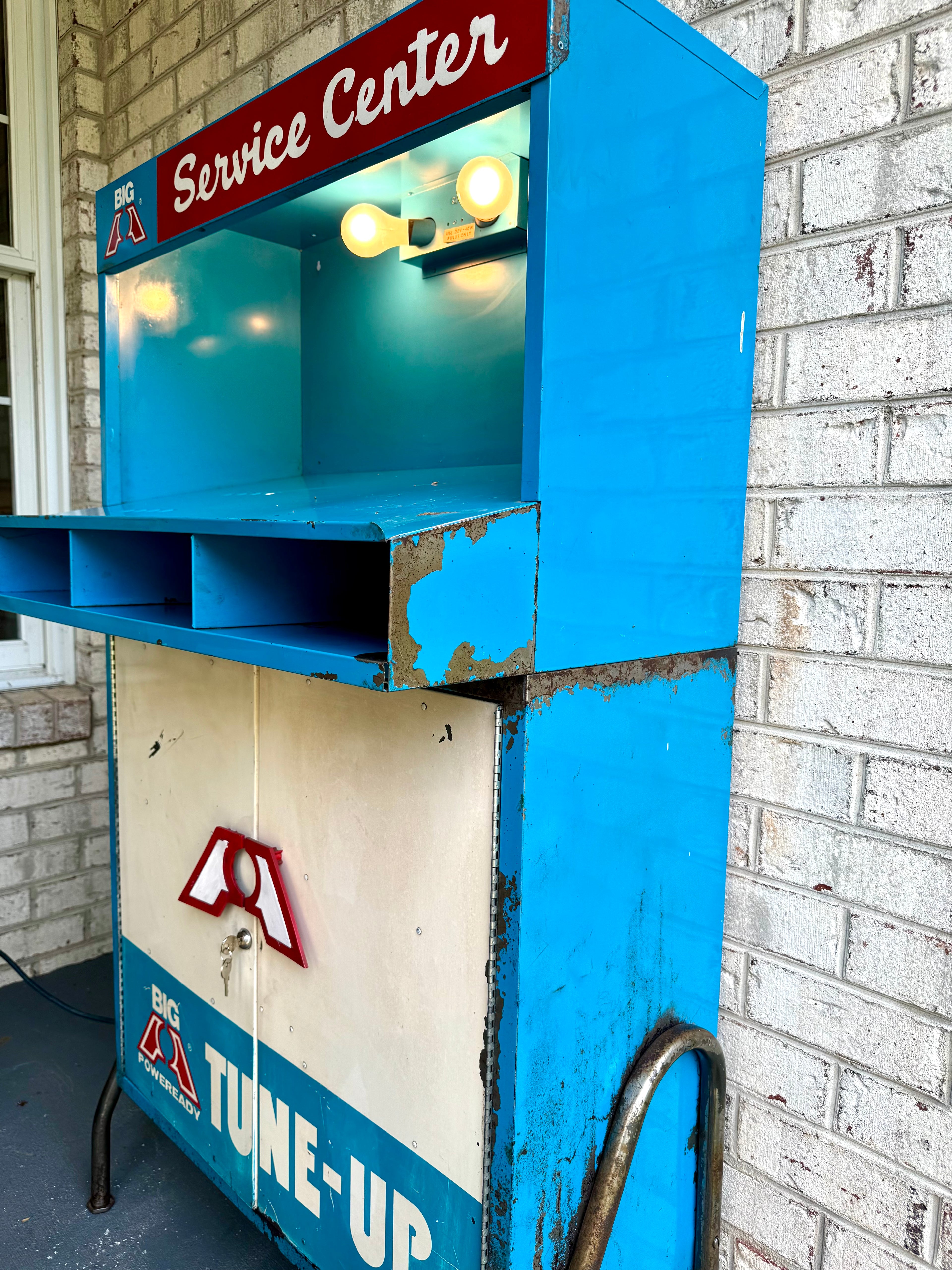 Vintage Metal American Parts Wall Cabinet| Blue Big Poweready Service Station  Cabinet | Power Ready Automotive Standing Cabinet with Lights