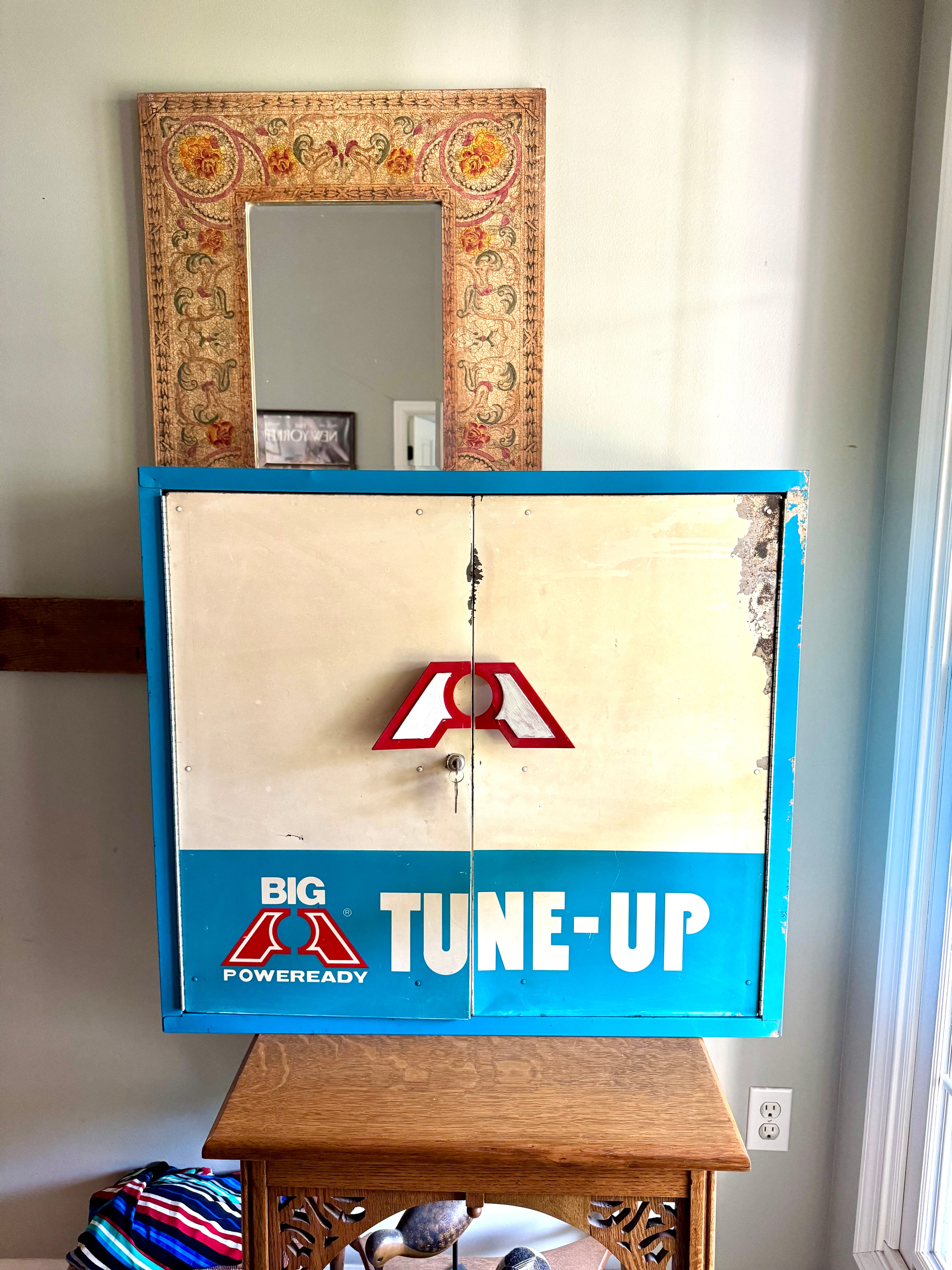 Vintage Metal American Parts Wall Cabinet| Blue Big Poweready Parts Cabinet | Power Ready Automotive Advertisement Bin | Industrial Cabinet