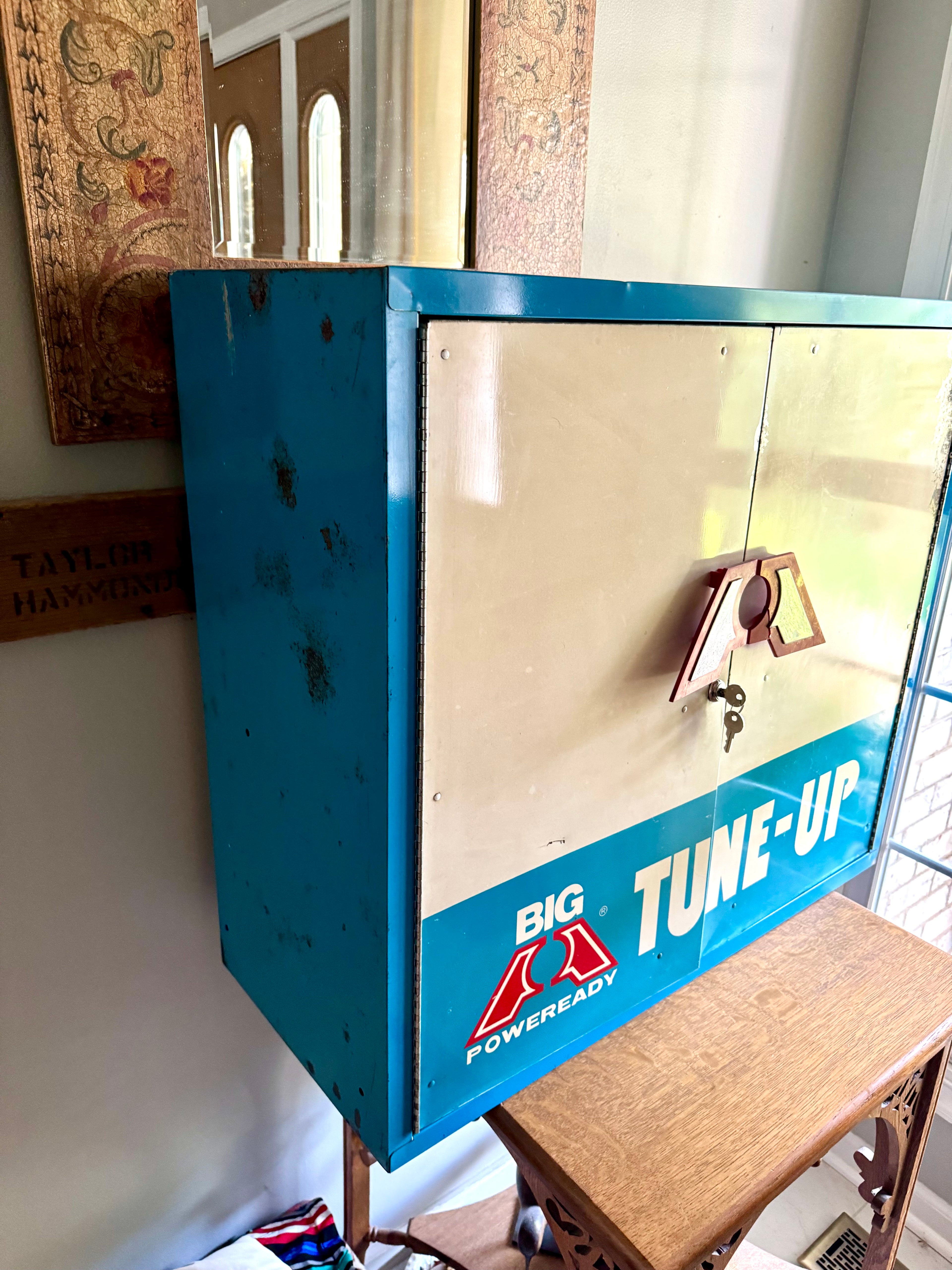 Vintage Metal American Parts Wall Cabinet| Blue Big Poweready Parts Cabinet | Power Ready Automotive Advertisement Bin | Industrial Cabinet