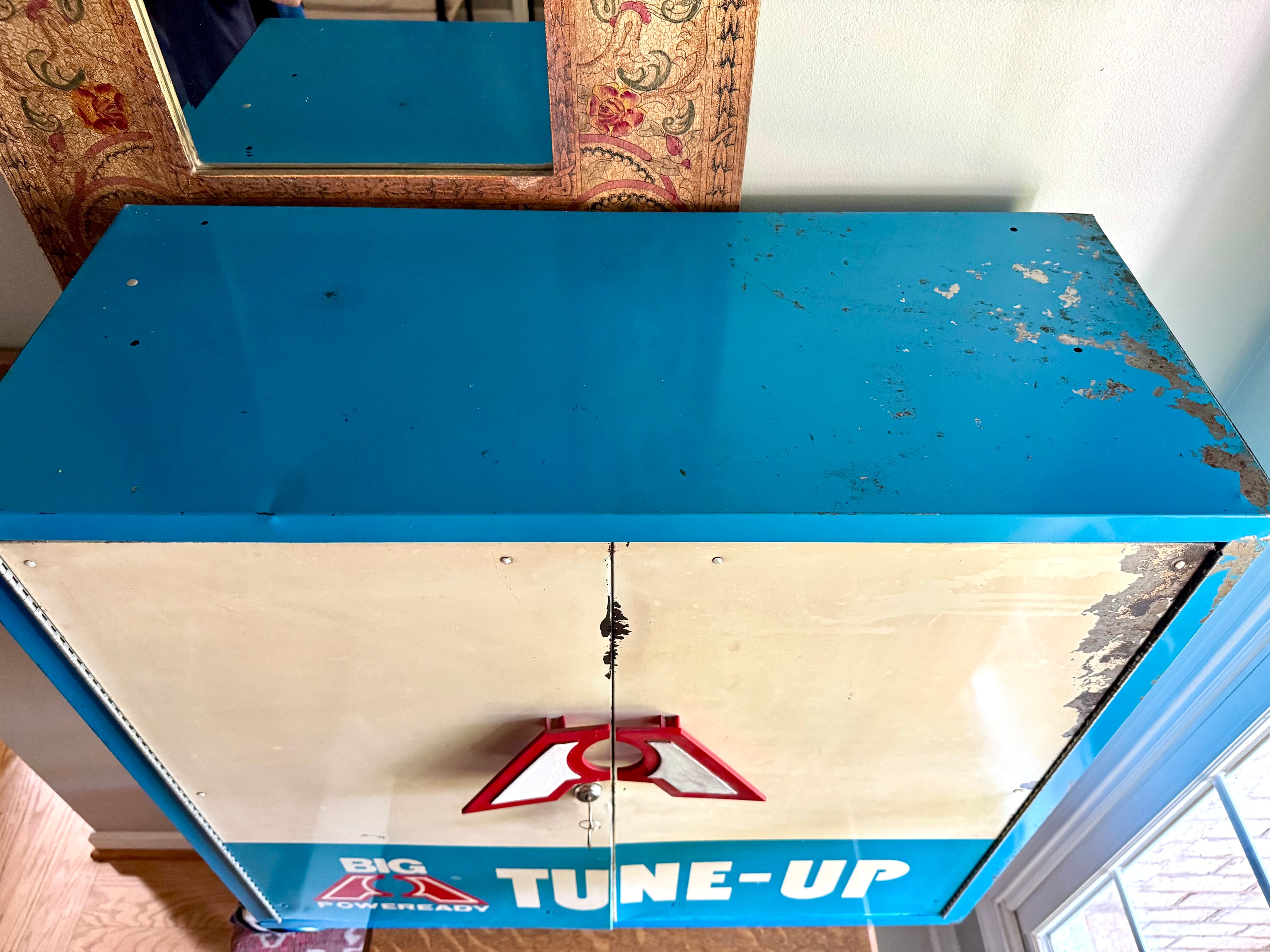 Vintage Metal American Parts Wall Cabinet| Blue Big Poweready Parts Cabinet | Power Ready Automotive Advertisement Bin | Industrial Cabinet