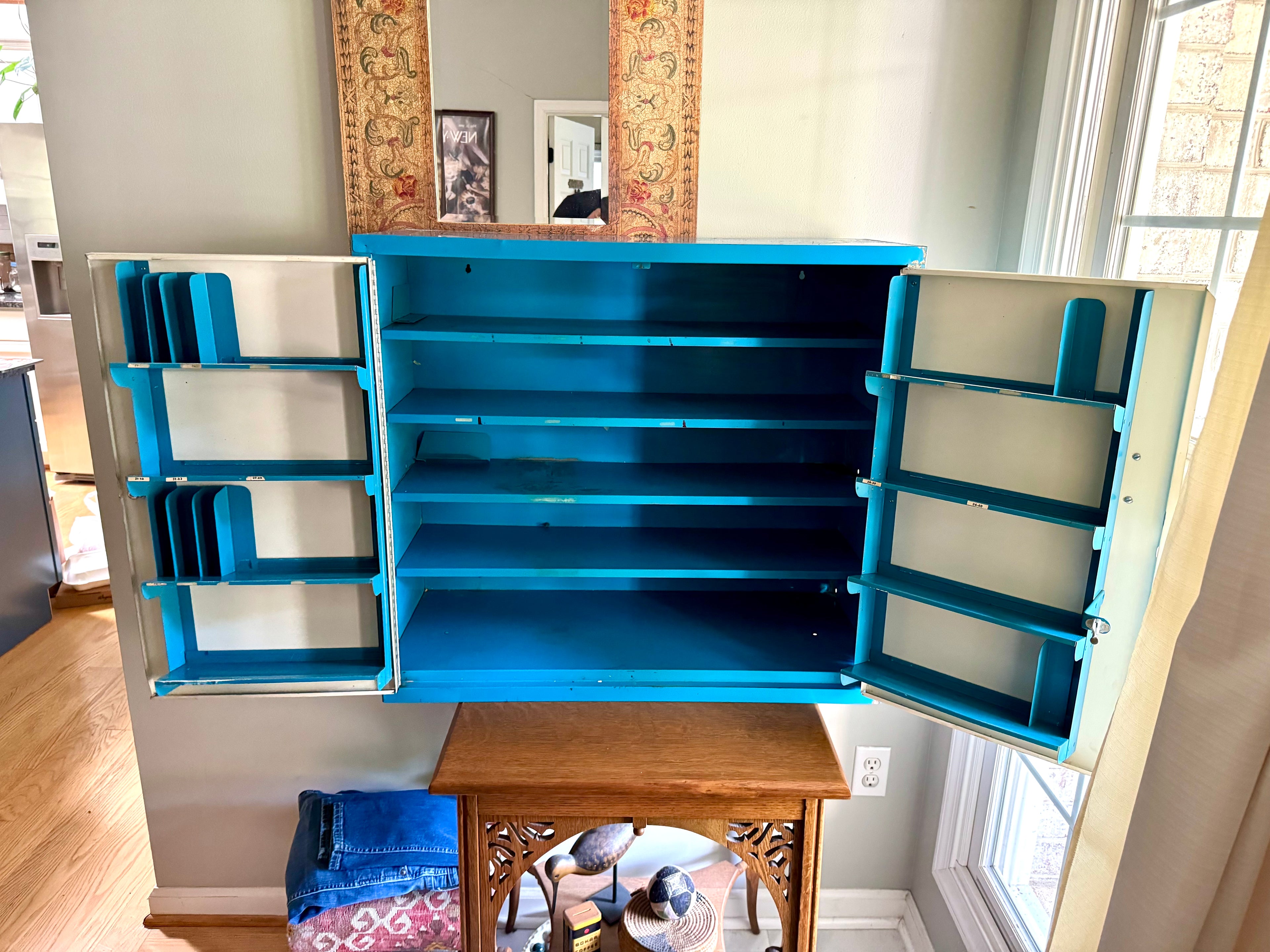 Vintage Metal American Parts Wall Cabinet| Blue Big Poweready Parts Cabinet | Power Ready Automotive Advertisement Bin | Industrial Cabinet