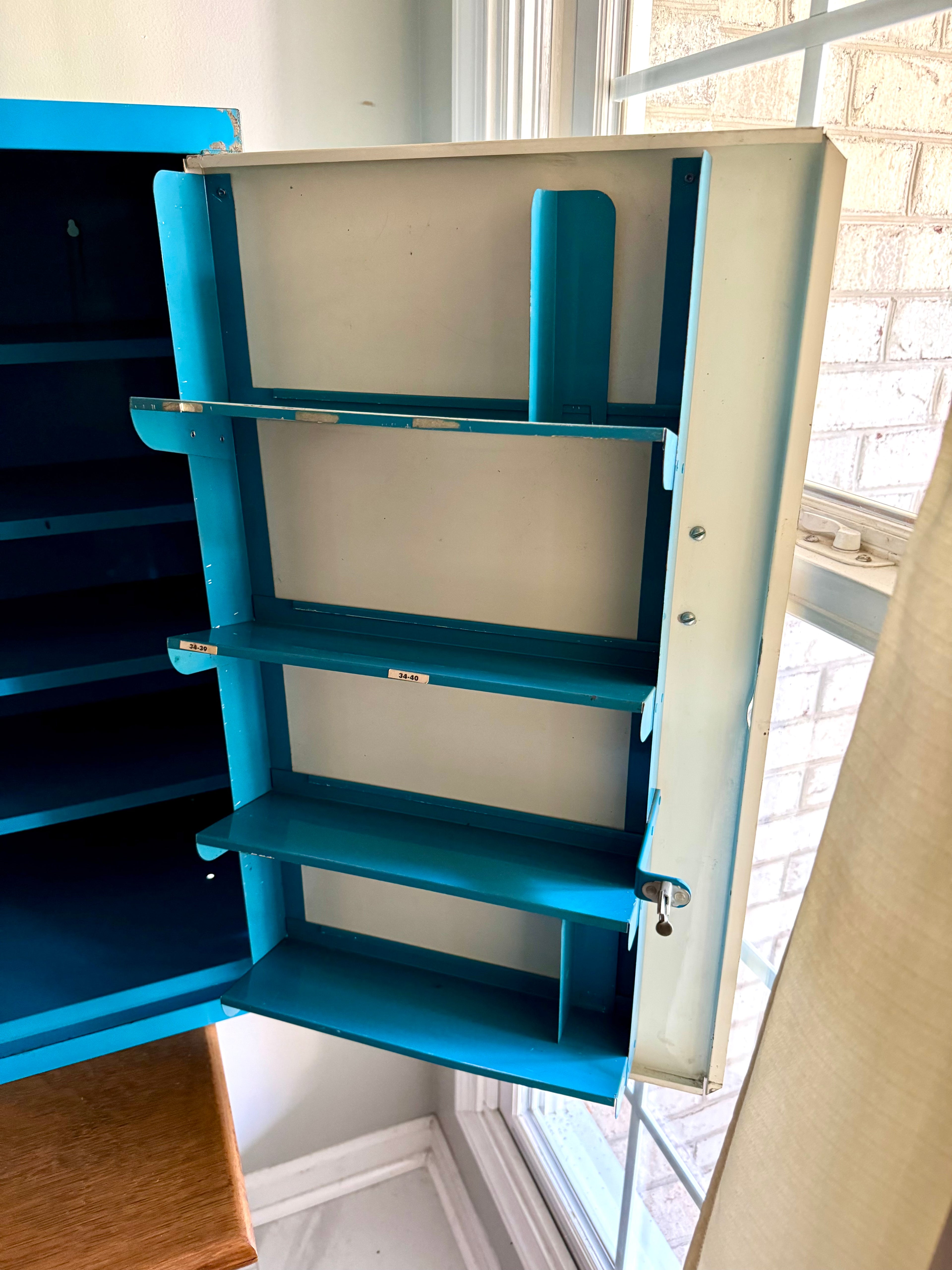 Vintage Metal American Parts Wall Cabinet| Blue Big Poweready Parts Cabinet | Power Ready Automotive Advertisement Bin | Industrial Cabinet