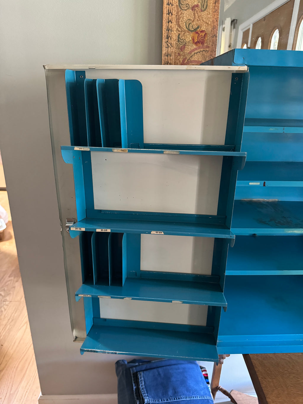 Vintage Metal American Parts Wall Cabinet| Blue Big Poweready Parts Cabinet | Power Ready Automotive Advertisement Bin | Industrial Cabinet