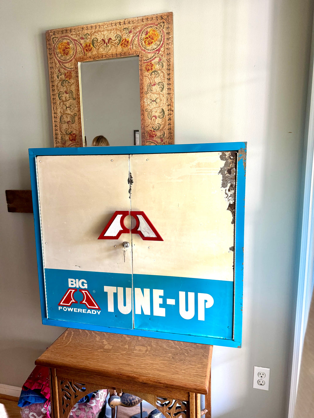 Vintage Metal American Parts Wall Cabinet| Blue Big Poweready Parts Cabinet | Power Ready Automotive Advertisement Bin | Industrial Cabinet