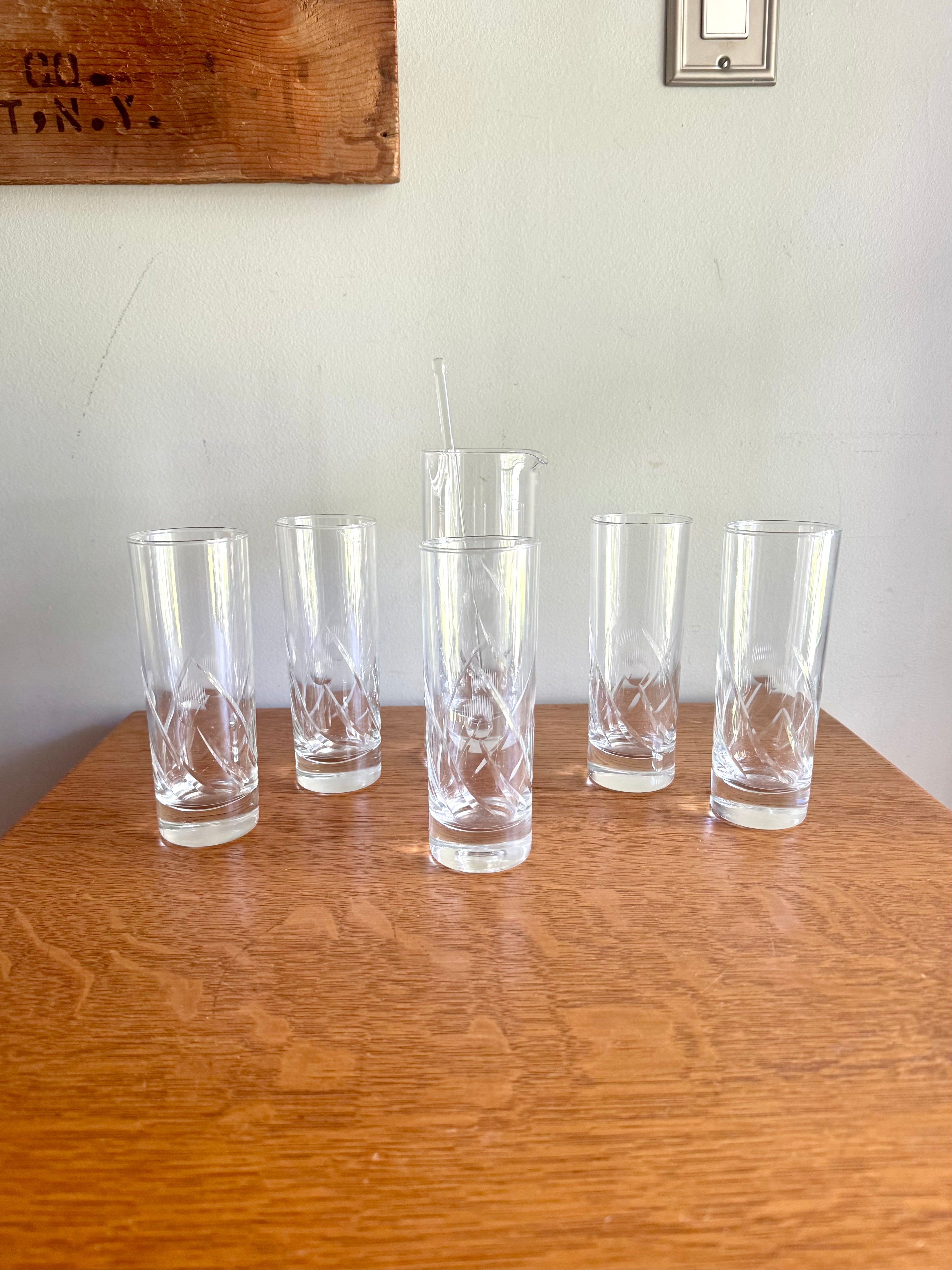 Vintage Cocktail Pitcher and 5 Cocktails Glasses | Set of Etched Crystal Glasses With Pitcher and Stir Stick | Crystal Cocktail Bar Set
