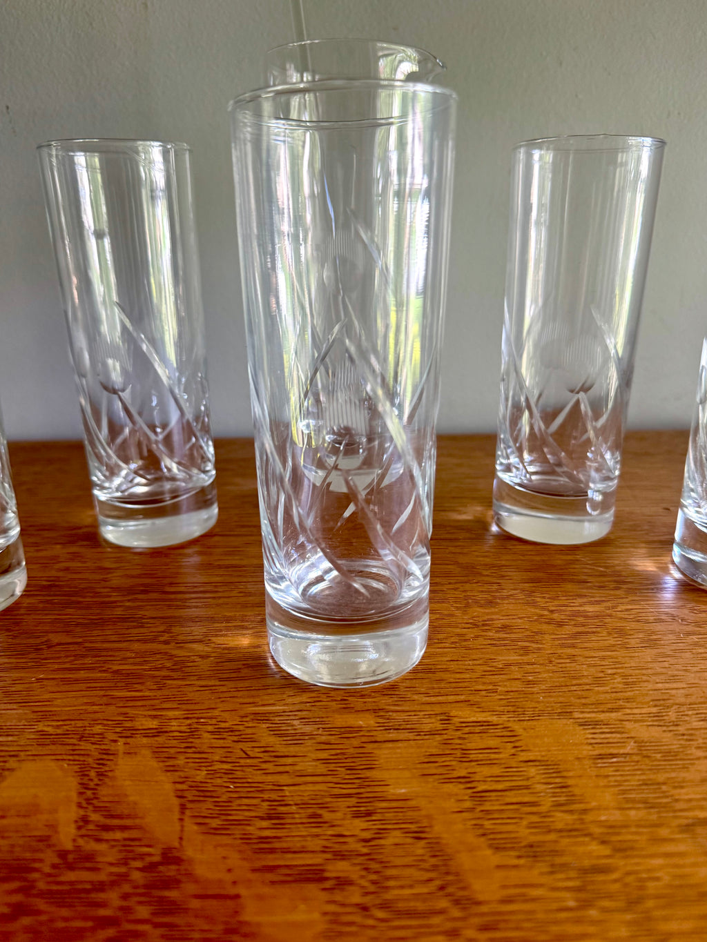 Vintage Cocktail Pitcher and 5 Cocktails Glasses | Set of Etched Crystal Glasses With Pitcher and Stir Stick | Crystal Cocktail Bar Set