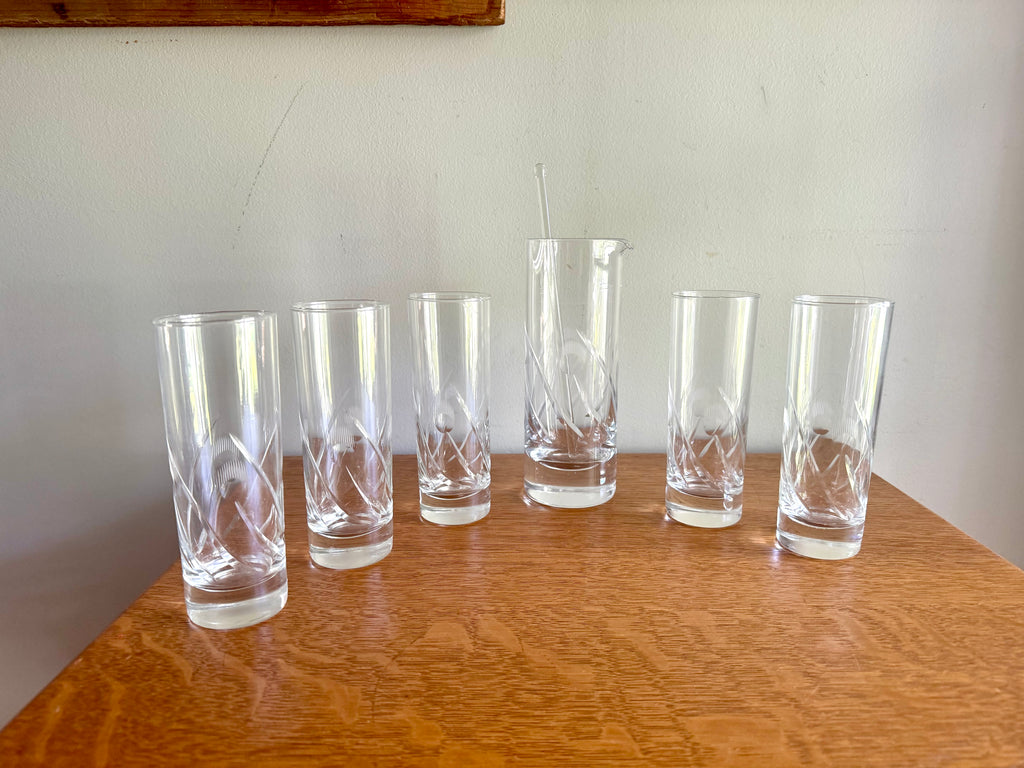 Vintage Cocktail Pitcher and 5 Cocktails Glasses | Set of Etched Crystal Glasses With Pitcher and Stir Stick | Crystal Cocktail Bar Set