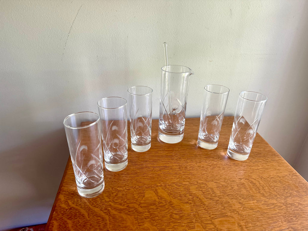 Vintage Cocktail Pitcher and 5 Cocktails Glasses | Set of Etched Crystal Glasses With Pitcher and Stir Stick | Crystal Cocktail Bar Set