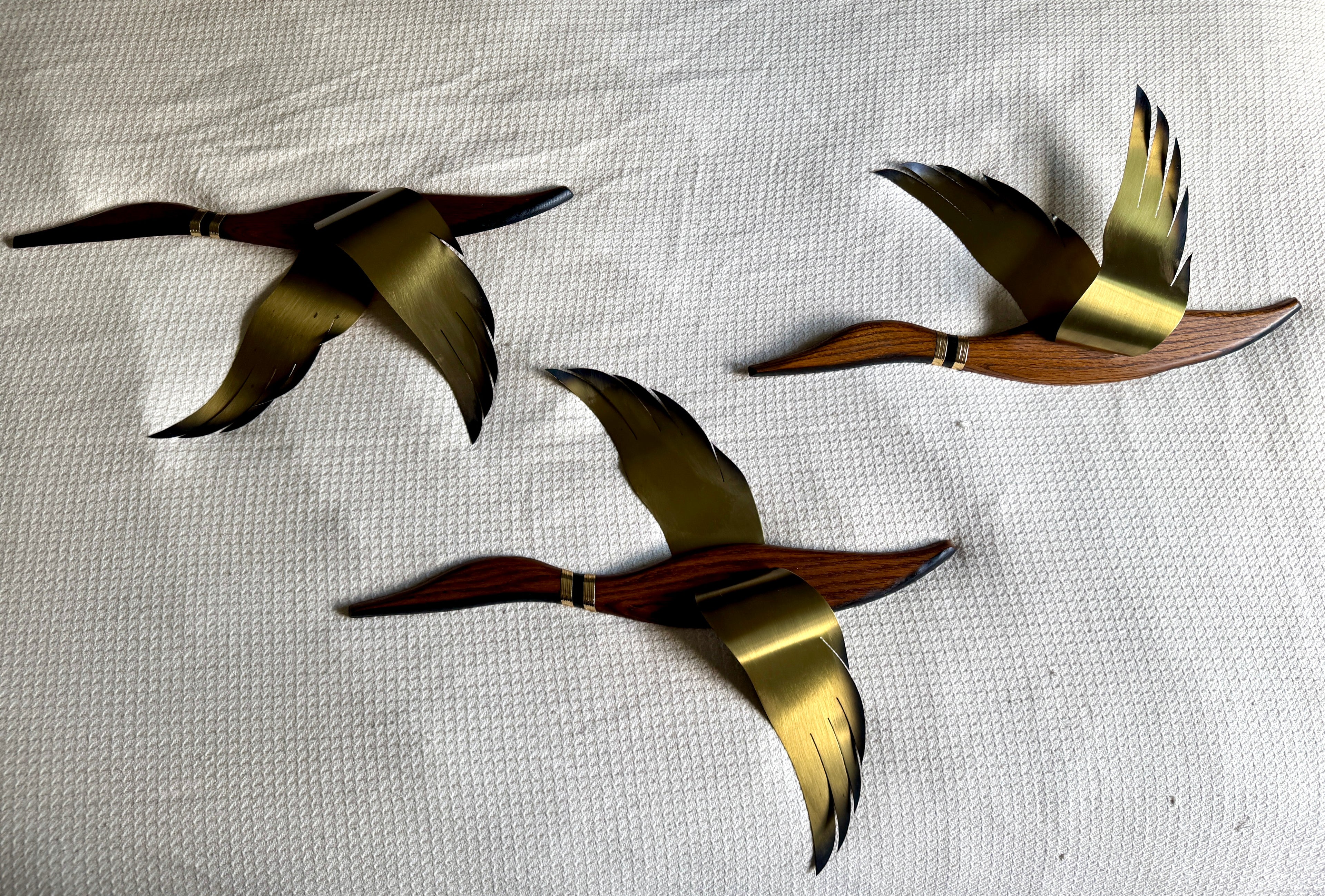 Vintage Brass and Wood Flying Canadian Geese Wall Decor ~ MCM 3 Dimensional Flying Geese~ Masketeers Geese