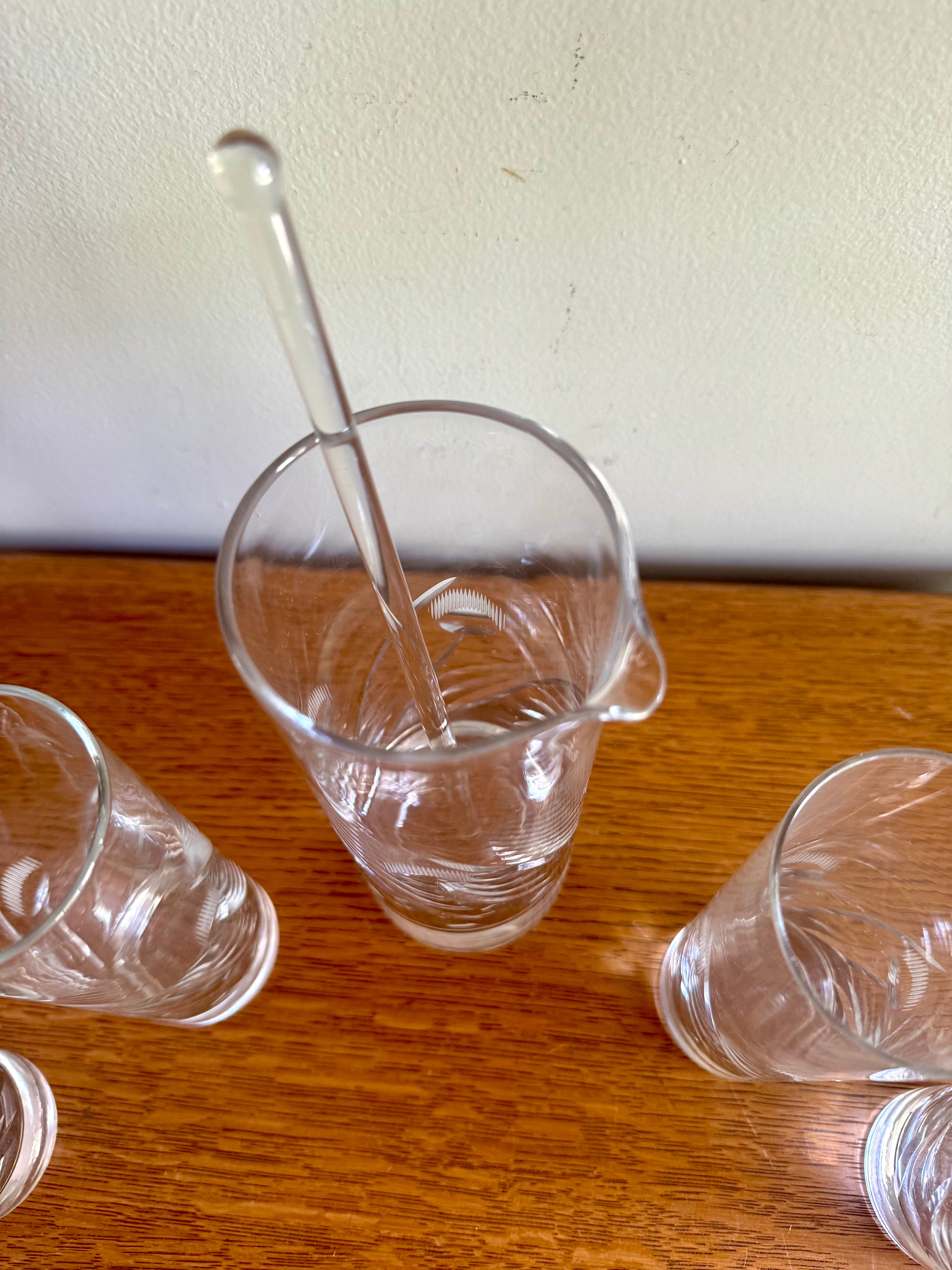 Vintage Cocktail Pitcher and 5 Cocktails Glasses | Set of Etched Crystal Glasses With Pitcher and Stir Stick | Crystal Cocktail Bar Set