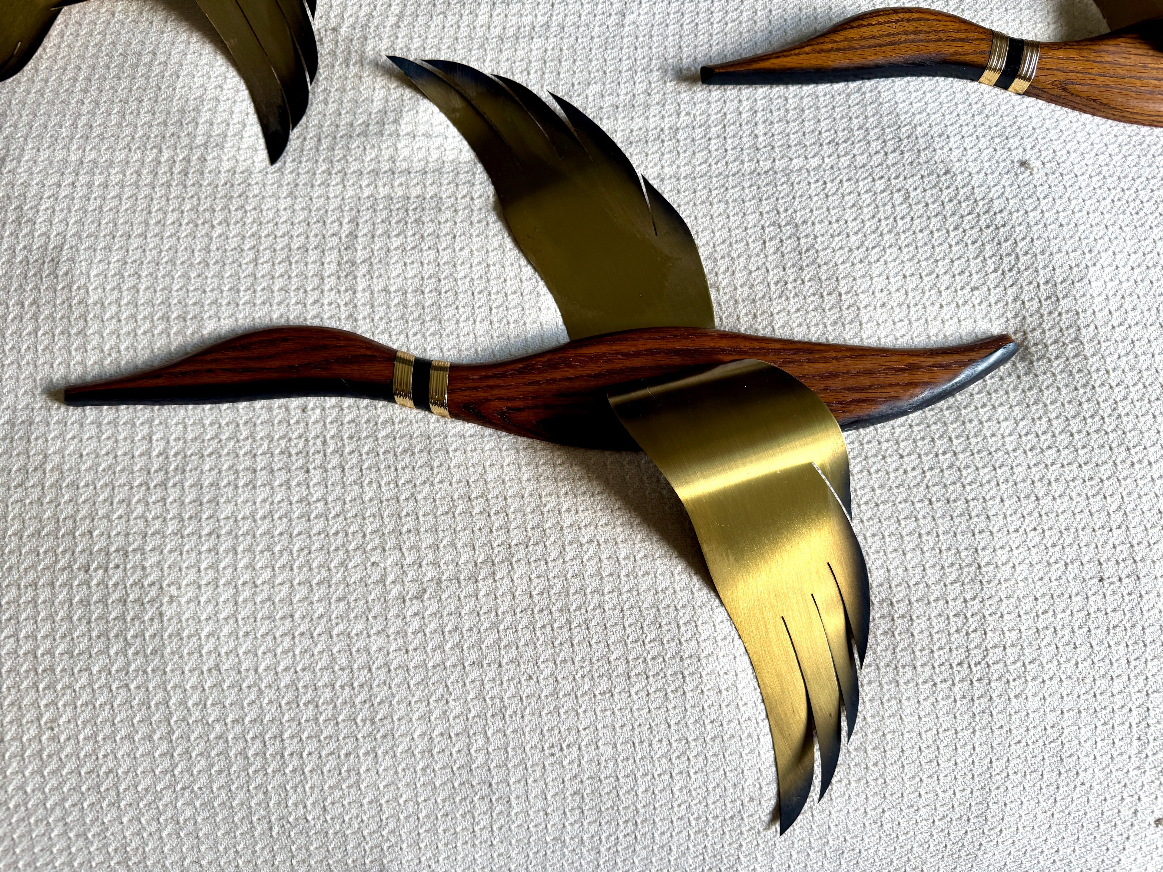 Vintage Brass and Wood Flying Canadian Geese Wall Decor ~ MCM 3 Dimensional Flying Geese~ Masketeers Geese