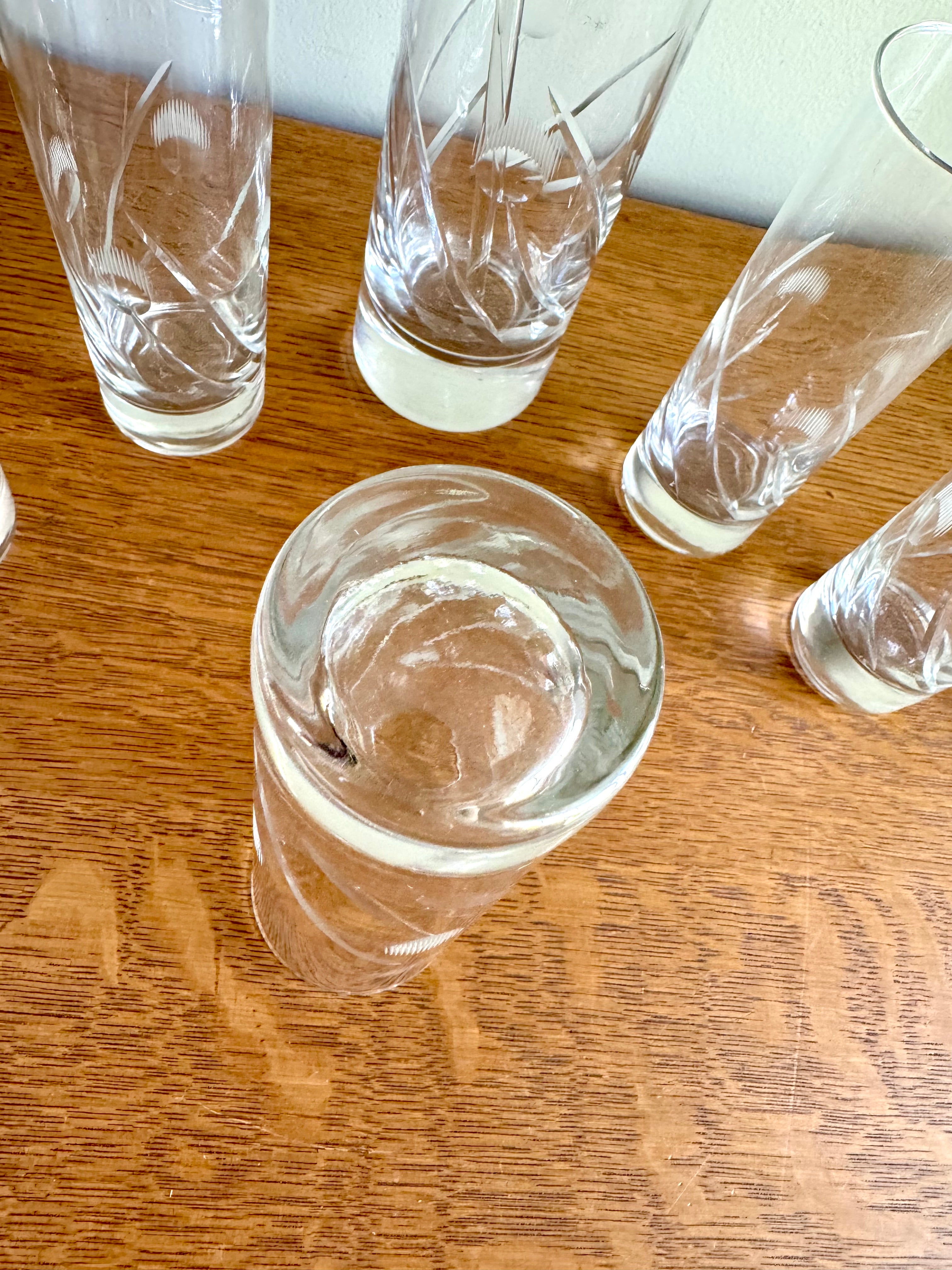 Vintage Cocktail Pitcher and 5 Cocktails Glasses | Set of Etched Crystal Glasses With Pitcher and Stir Stick | Crystal Cocktail Bar Set