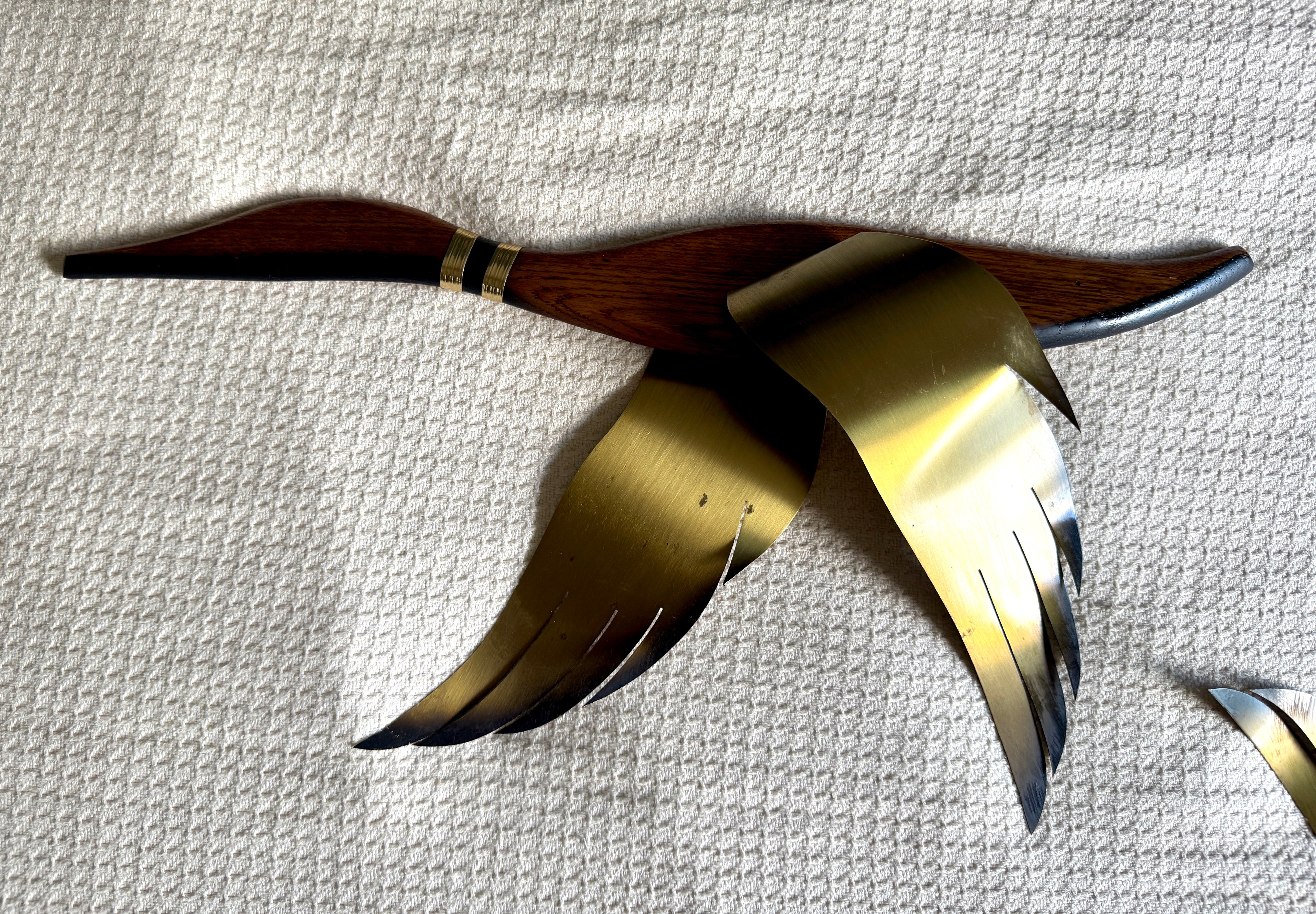 Vintage Brass and Wood Flying Canadian Geese Wall Decor ~ MCM 3 Dimensional Flying Geese~ Masketeers Geese