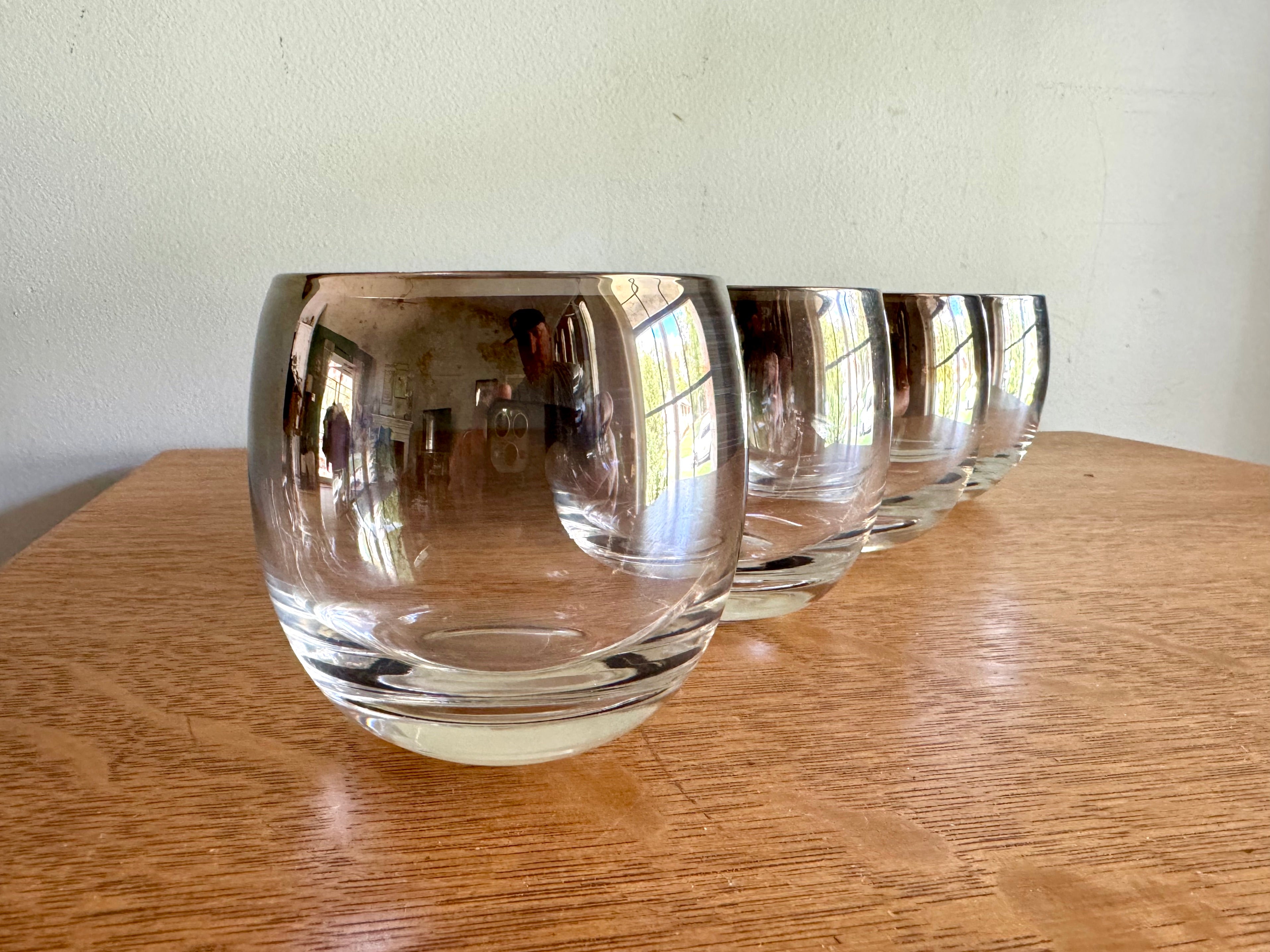 Set of 4 Mid Century Modern Dorothy Thorpe Style Roly Poly Glasses | Silver Fade Rimmed Glasses | Queens Lusterware Mercury Fade Roly Polys