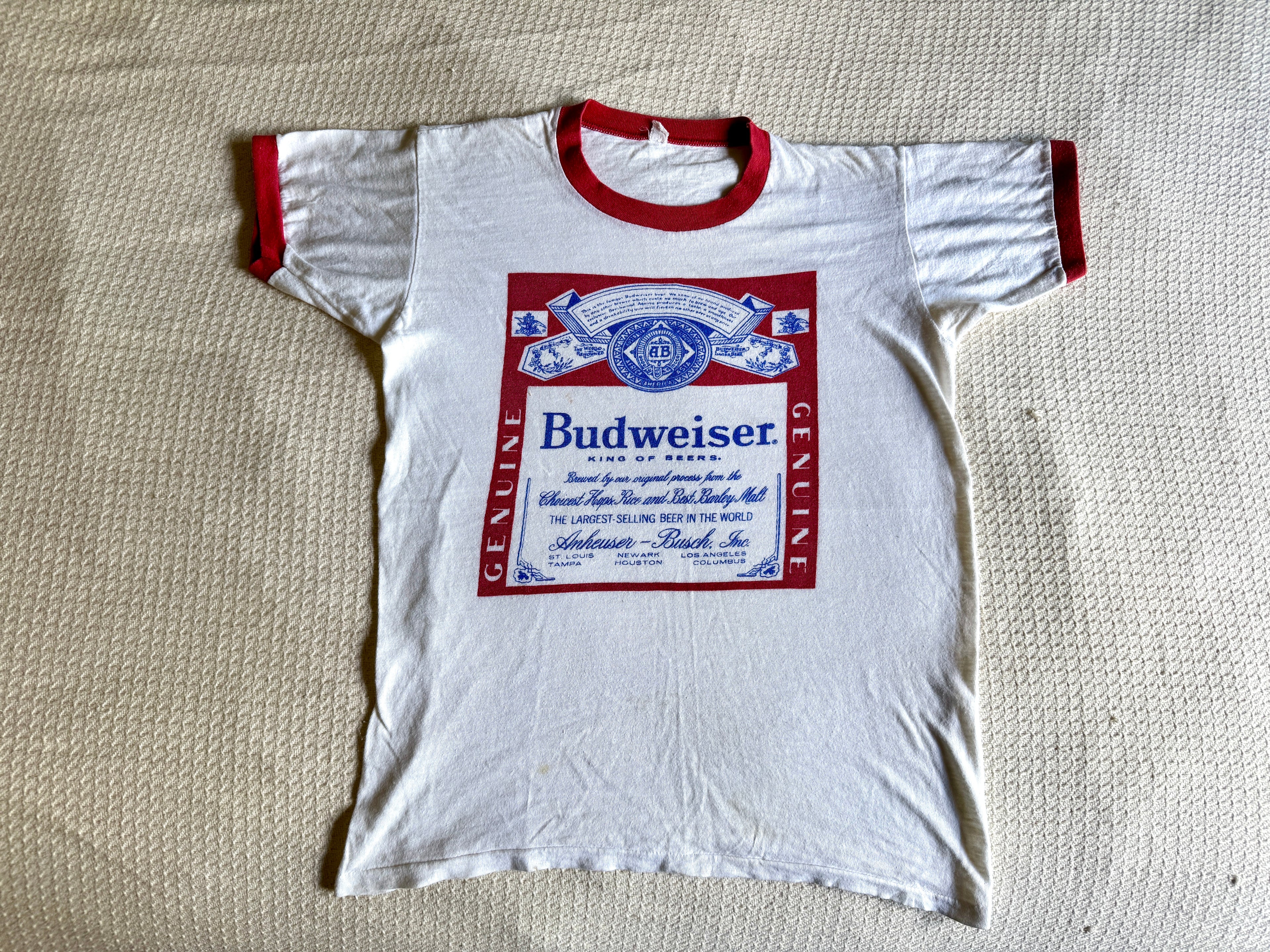 Vintage 70's Budweiser Ringer T-shirt ~ Single Stitch Budweiser Graphic Red Ringer Tee ~ Size M