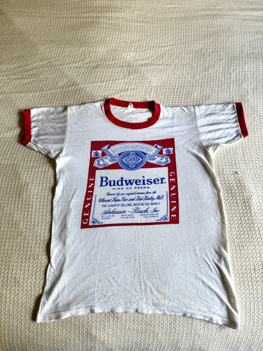 Vintage 70's Budweiser Ringer T-shirt ~ Single Stitch Budweiser Graphic Red Ringer Tee ~ Size M