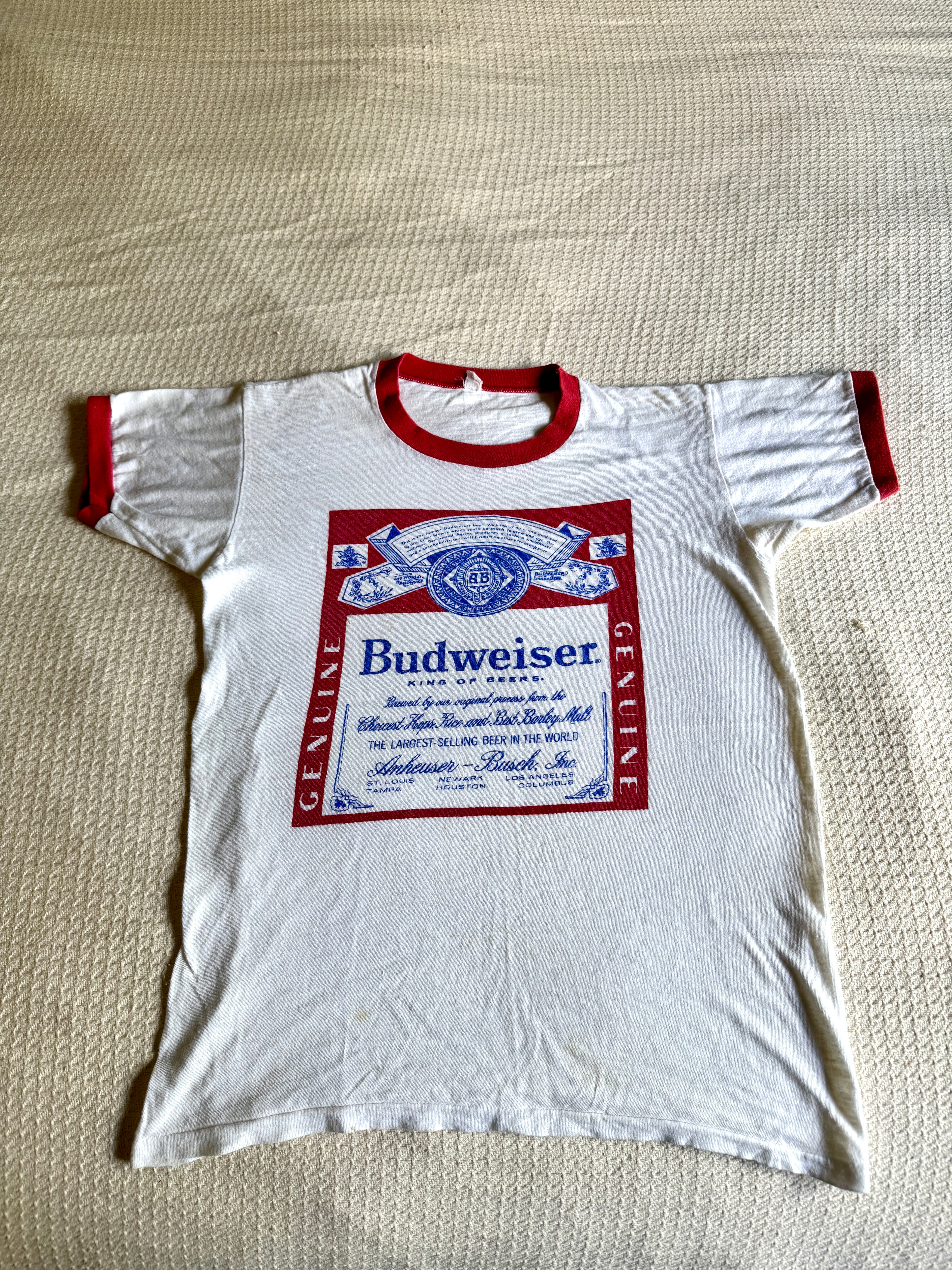 Vintage 70's Budweiser Ringer T-shirt ~ Single Stitch Budweiser Graphic Red Ringer Tee ~ Size M