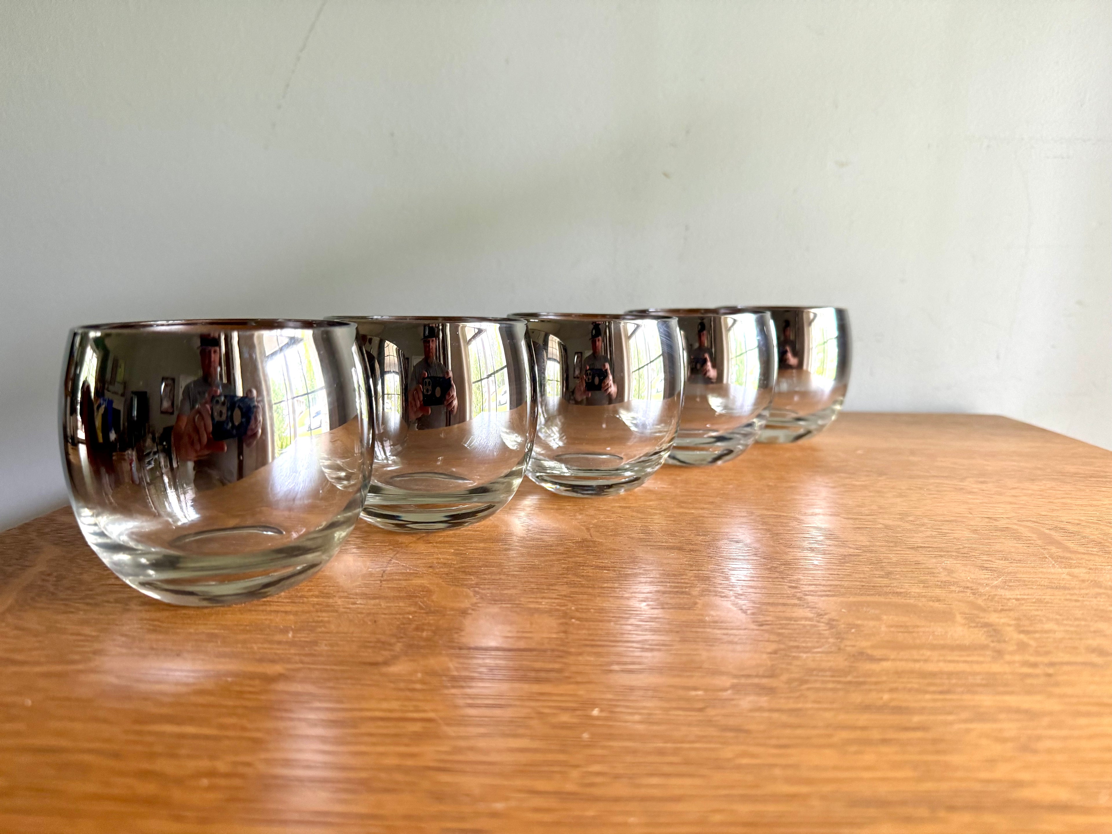 Set of 5 Mid Century Modern Dorothy Thorpe Style Roly Poly Glasses | Silver Fade Rimmed Glasses | Queens Lusterware Mercury Fade Roly Polys