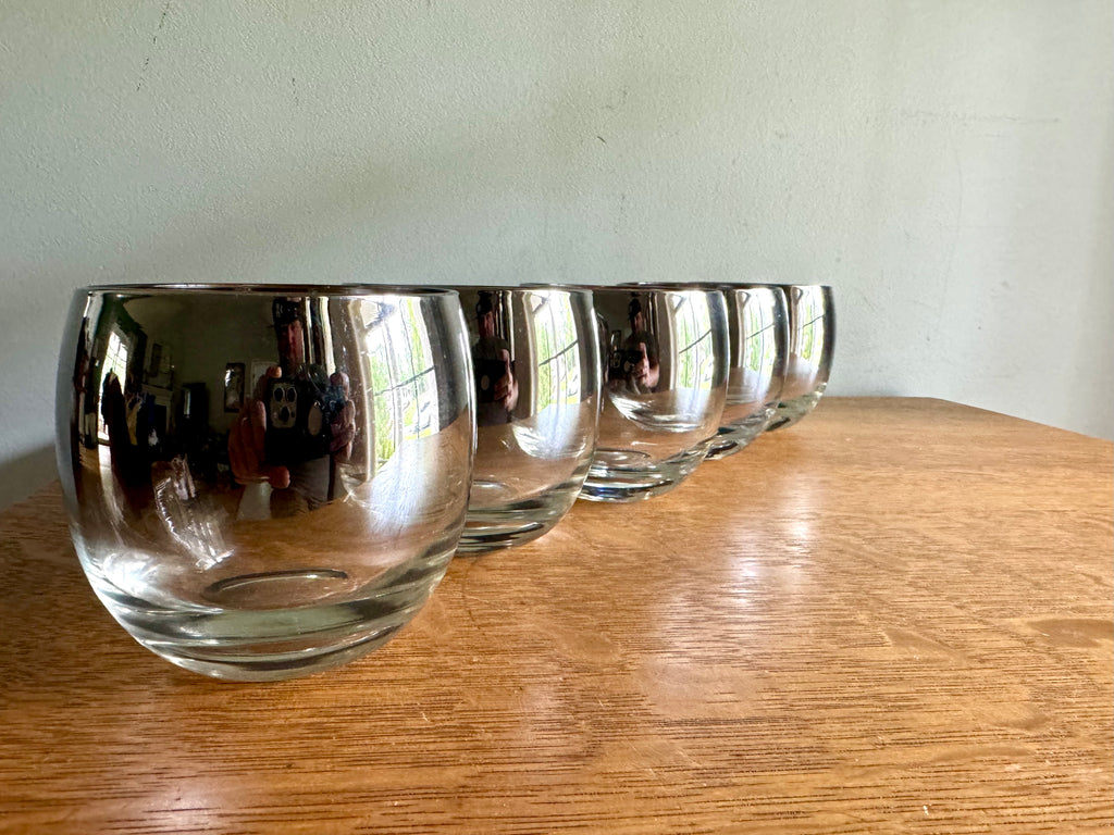 Set of 5 Mid Century Modern Dorothy Thorpe Style Roly Poly Glasses | Silver Fade Rimmed Glasses | Queens Lusterware Mercury Fade Roly Polys