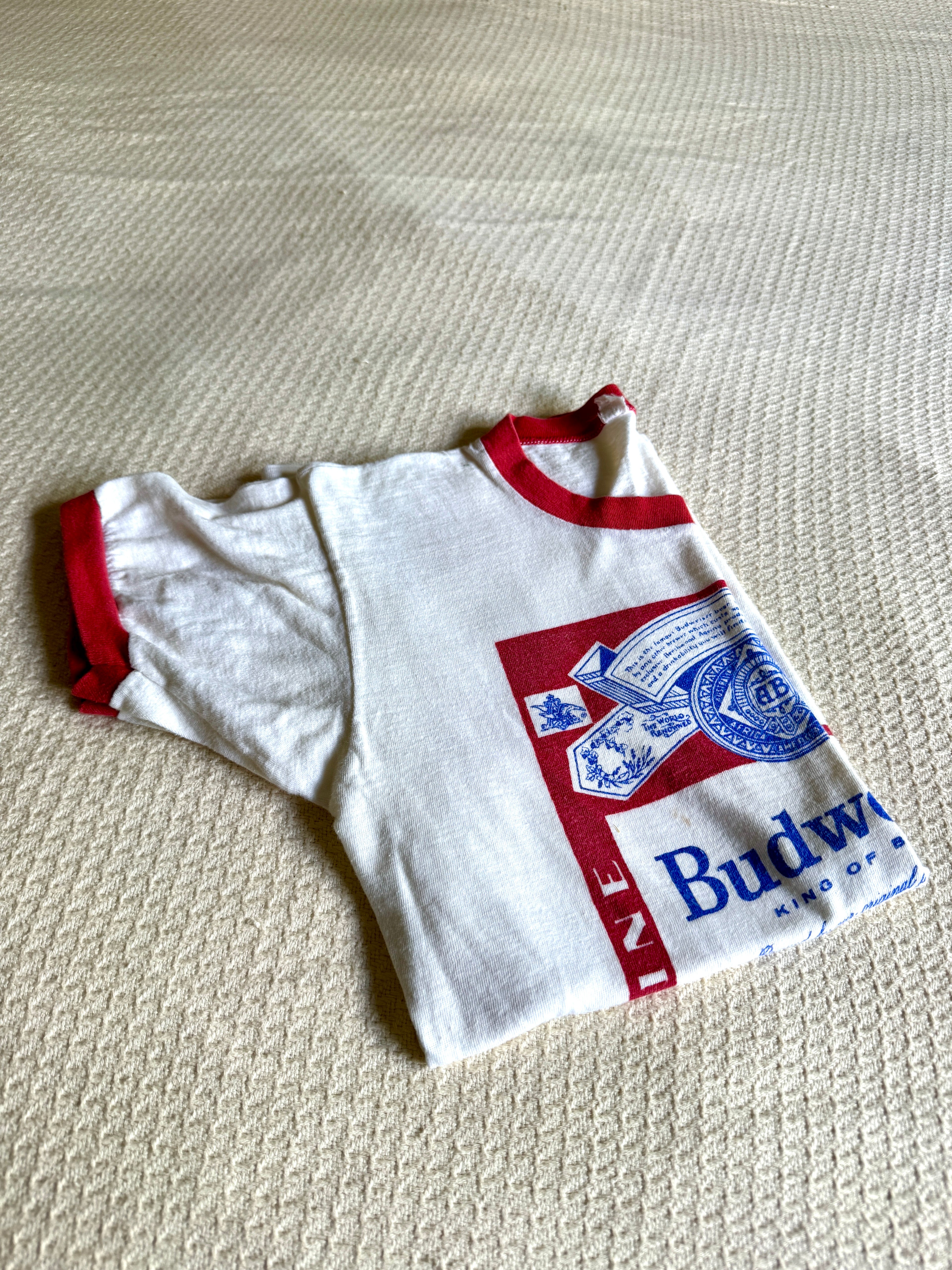 Vintage 70's Budweiser Ringer T-shirt ~ Single Stitch Budweiser Graphic Red Ringer Tee ~ Size M