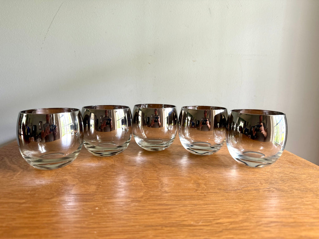 Set of 5 Mid Century Modern Dorothy Thorpe Style Roly Poly Glasses | Silver Fade Rimmed Glasses | Queens Lusterware Mercury Fade Roly Polys