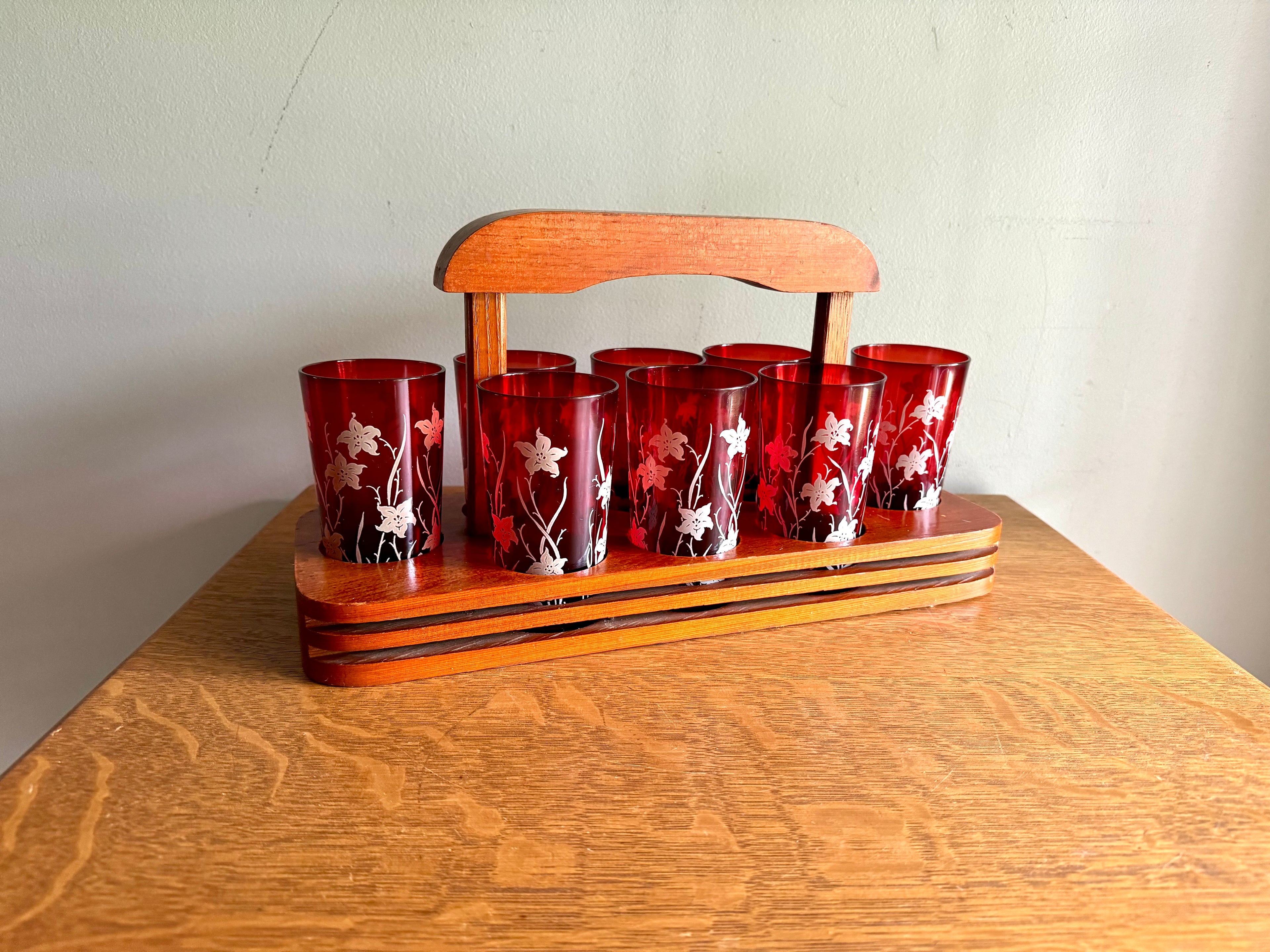 Set of 8 Ruby Red Anchor Hocking Juice Glasses | Anchor Hocking White Tiger Lilly Glasses | MCM Ruby Red With Tiger Lily Glasses with Caddy