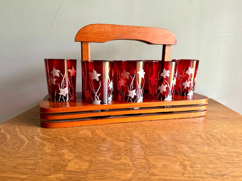 Set of 8 Ruby Red Anchor Hocking Juice Glasses | Anchor Hocking White Tiger Lilly Glasses | MCM Ruby Red With Tiger Lily Glasses with Caddy