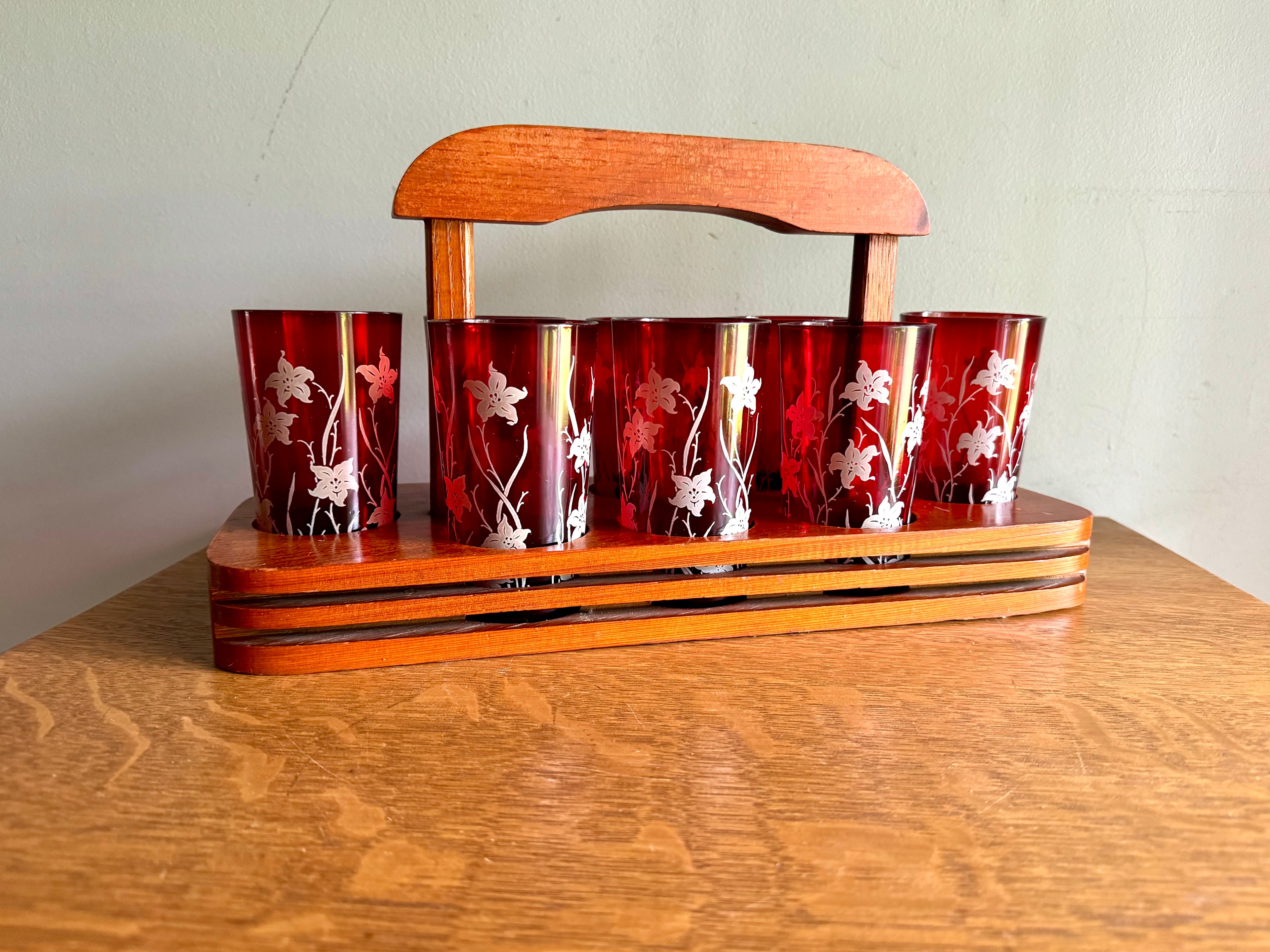 Set of 8 Ruby Red Anchor Hocking Juice Glasses | Anchor Hocking White Tiger Lilly Glasses | MCM Ruby Red With Tiger Lily Glasses with Caddy