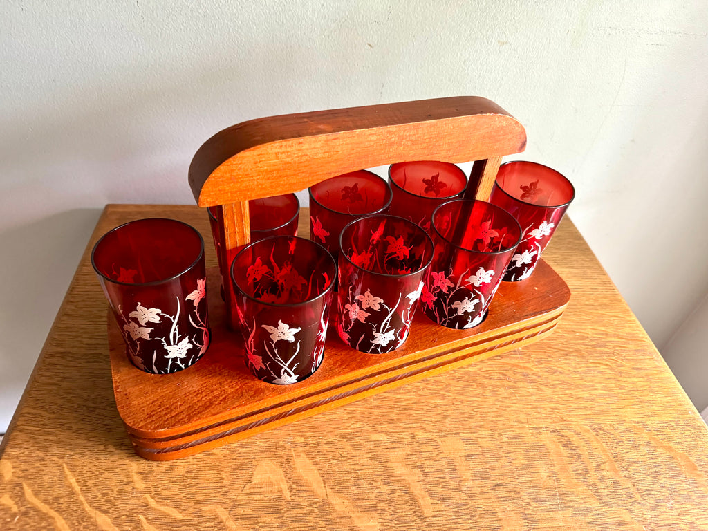Set of 8 Ruby Red Anchor Hocking Juice Glasses | Anchor Hocking White Tiger Lilly Glasses | MCM Ruby Red With Tiger Lily Glasses with Caddy