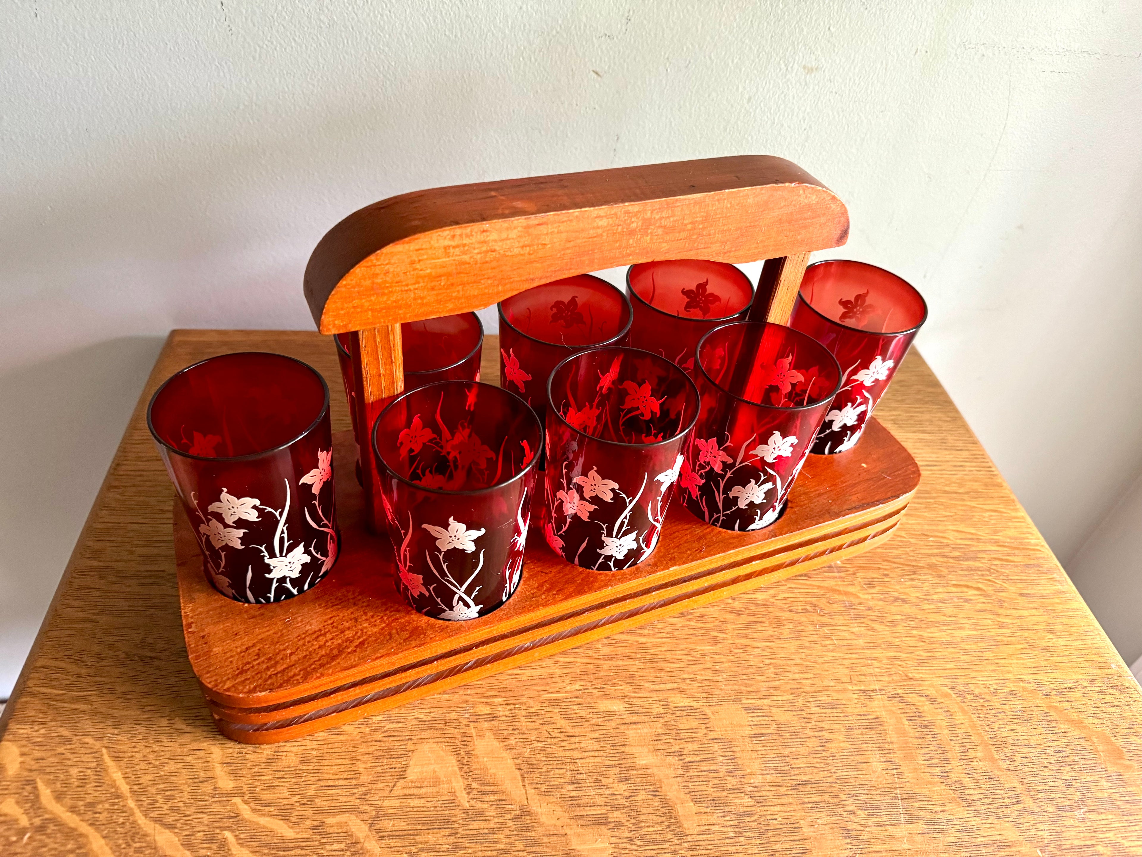 Set of 8 Ruby Red Anchor Hocking Juice Glasses | Anchor Hocking White Tiger Lilly Glasses | MCM Ruby Red With Tiger Lily Glasses with Caddy