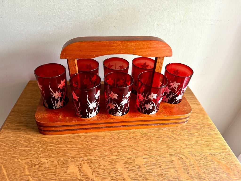 Set of 8 Ruby Red Anchor Hocking Juice Glasses | Anchor Hocking White Tiger Lilly Glasses | MCM Ruby Red With Tiger Lily Glasses with Caddy