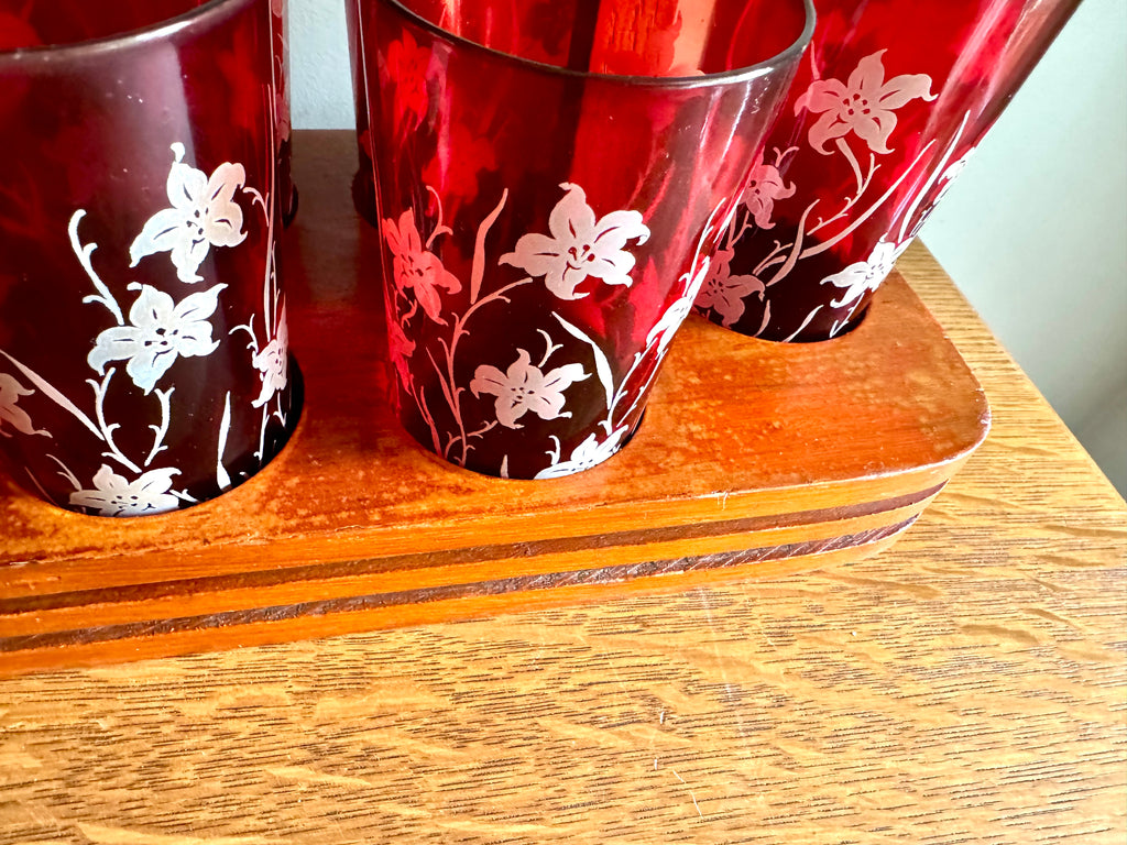 Set of 8 Ruby Red Anchor Hocking Juice Glasses | Anchor Hocking White Tiger Lilly Glasses | MCM Ruby Red With Tiger Lily Glasses with Caddy