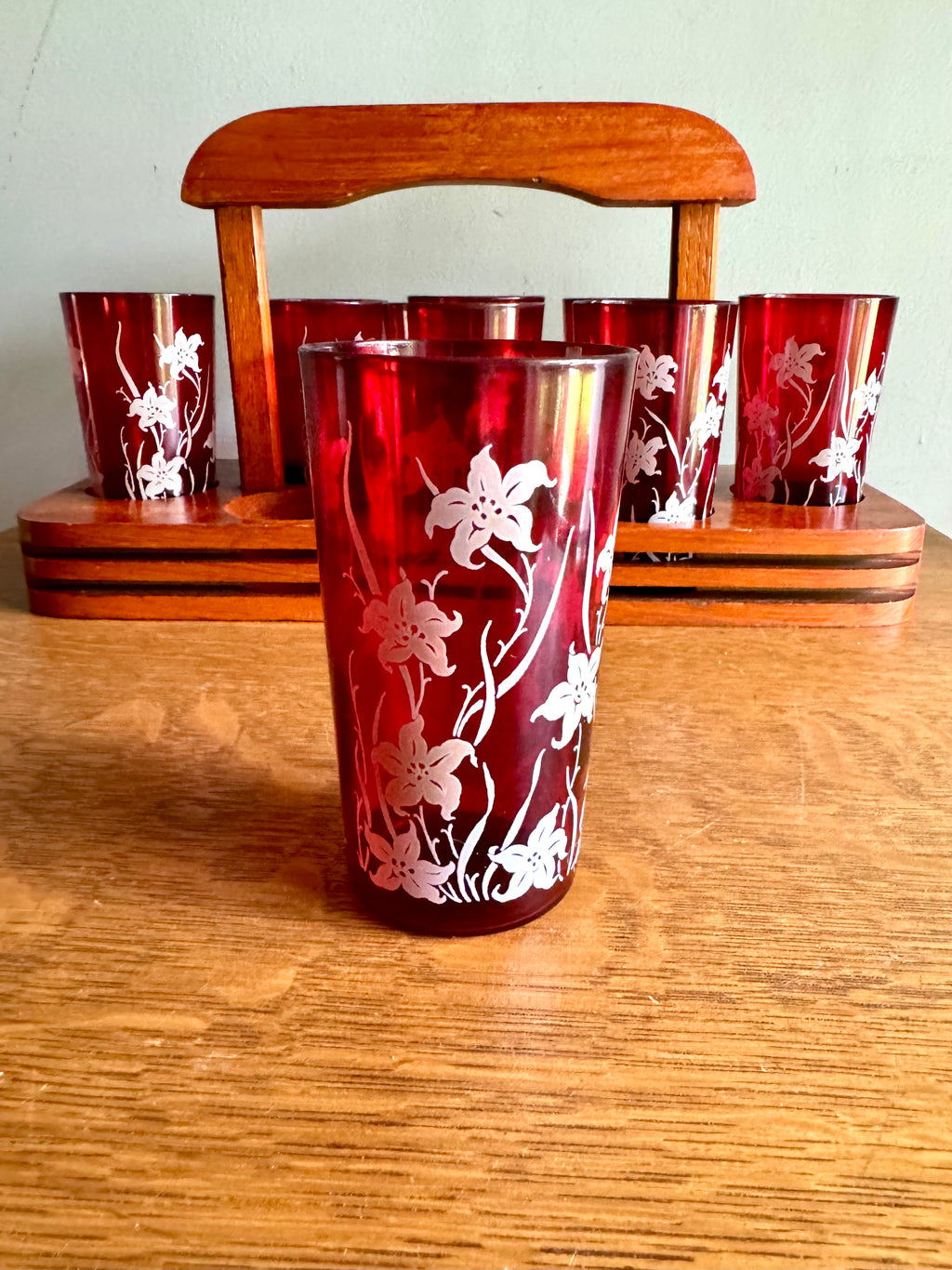 Set of 8 Ruby Red Anchor Hocking Juice Glasses | Anchor Hocking White Tiger Lilly Glasses | MCM Ruby Red With Tiger Lily Glasses with Caddy