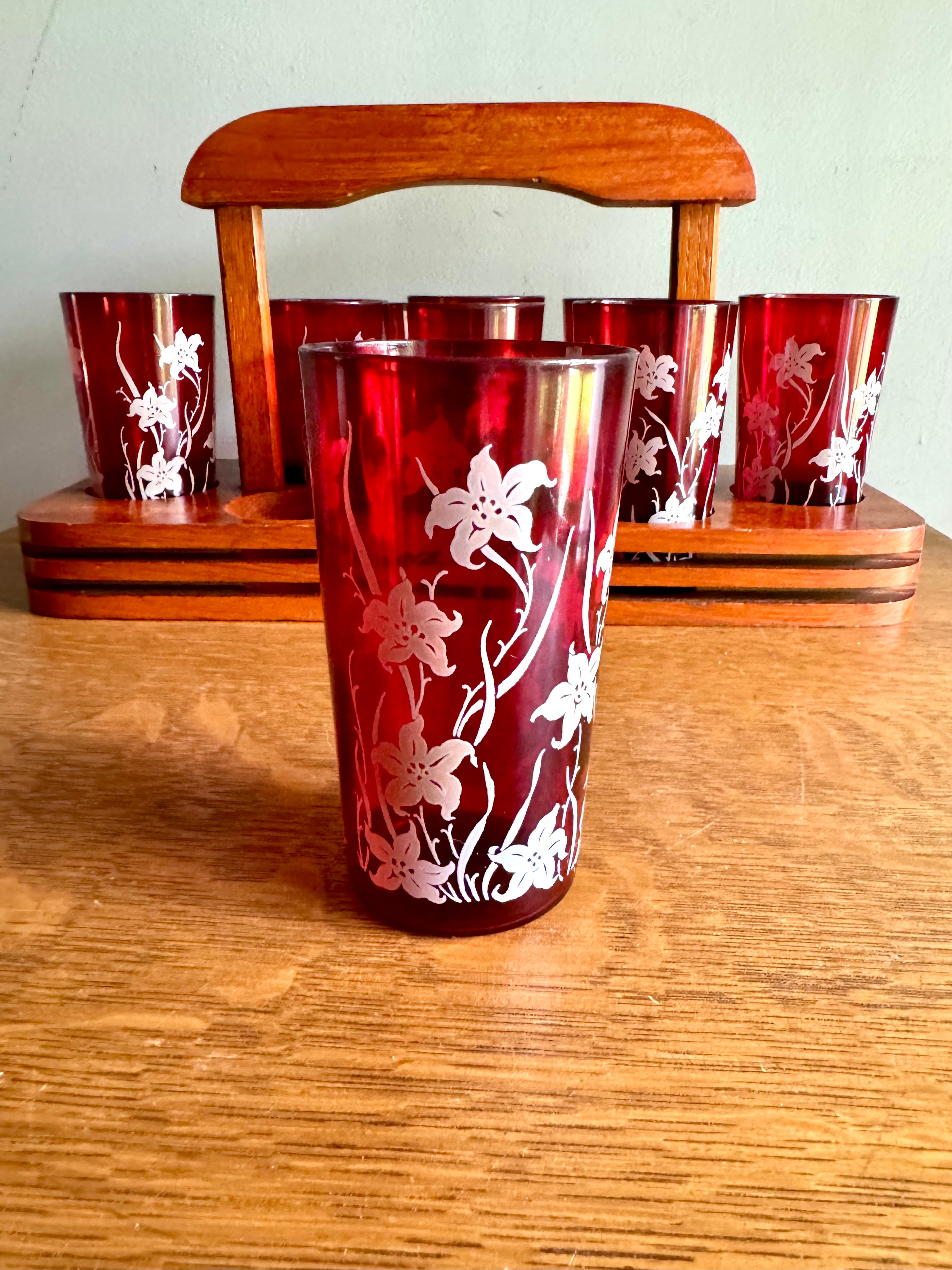 Set of 8 Ruby Red Anchor Hocking Juice Glasses | Anchor Hocking White Tiger Lilly Glasses | MCM Ruby Red With Tiger Lily Glasses with Caddy