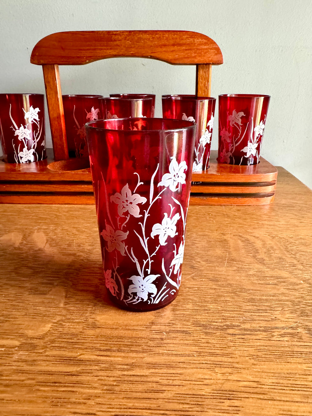 Set of 8 Ruby Red Anchor Hocking Juice Glasses | Anchor Hocking White Tiger Lilly Glasses | MCM Ruby Red With Tiger Lily Glasses with Caddy