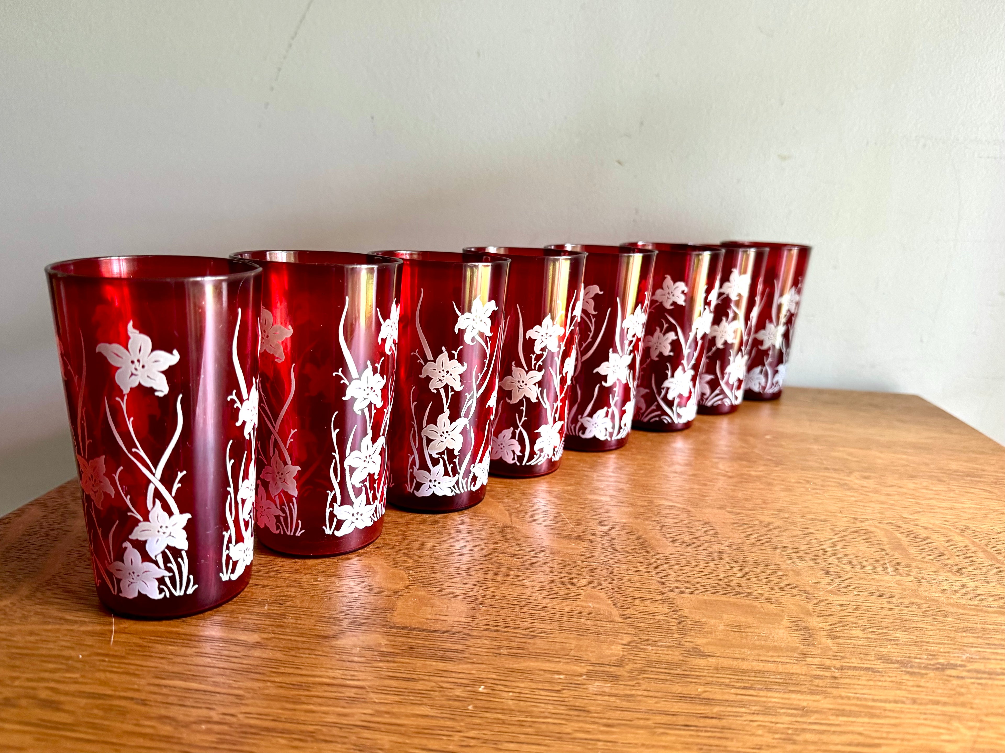 Set of 8 Ruby Red Anchor Hocking Juice Glasses | Anchor Hocking White Tiger Lilly Glasses | MCM Ruby Red With Tiger Lily Glasses with Caddy