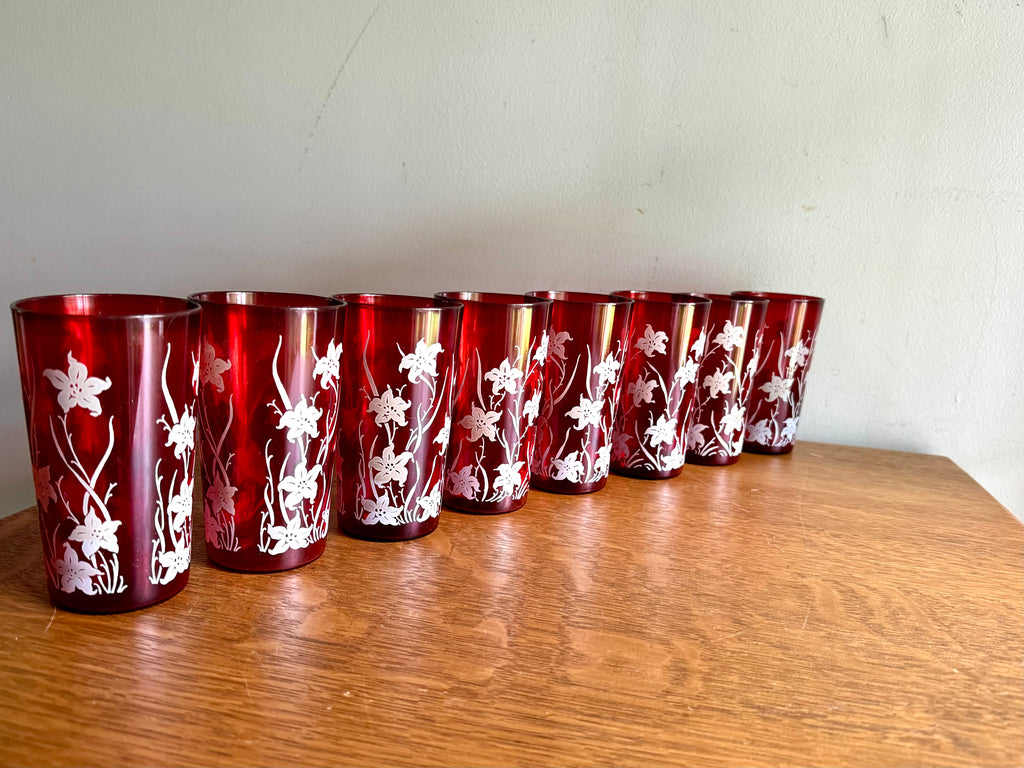 Set of 8 Ruby Red Anchor Hocking Juice Glasses | Anchor Hocking White Tiger Lilly Glasses | MCM Ruby Red With Tiger Lily Glasses with Caddy