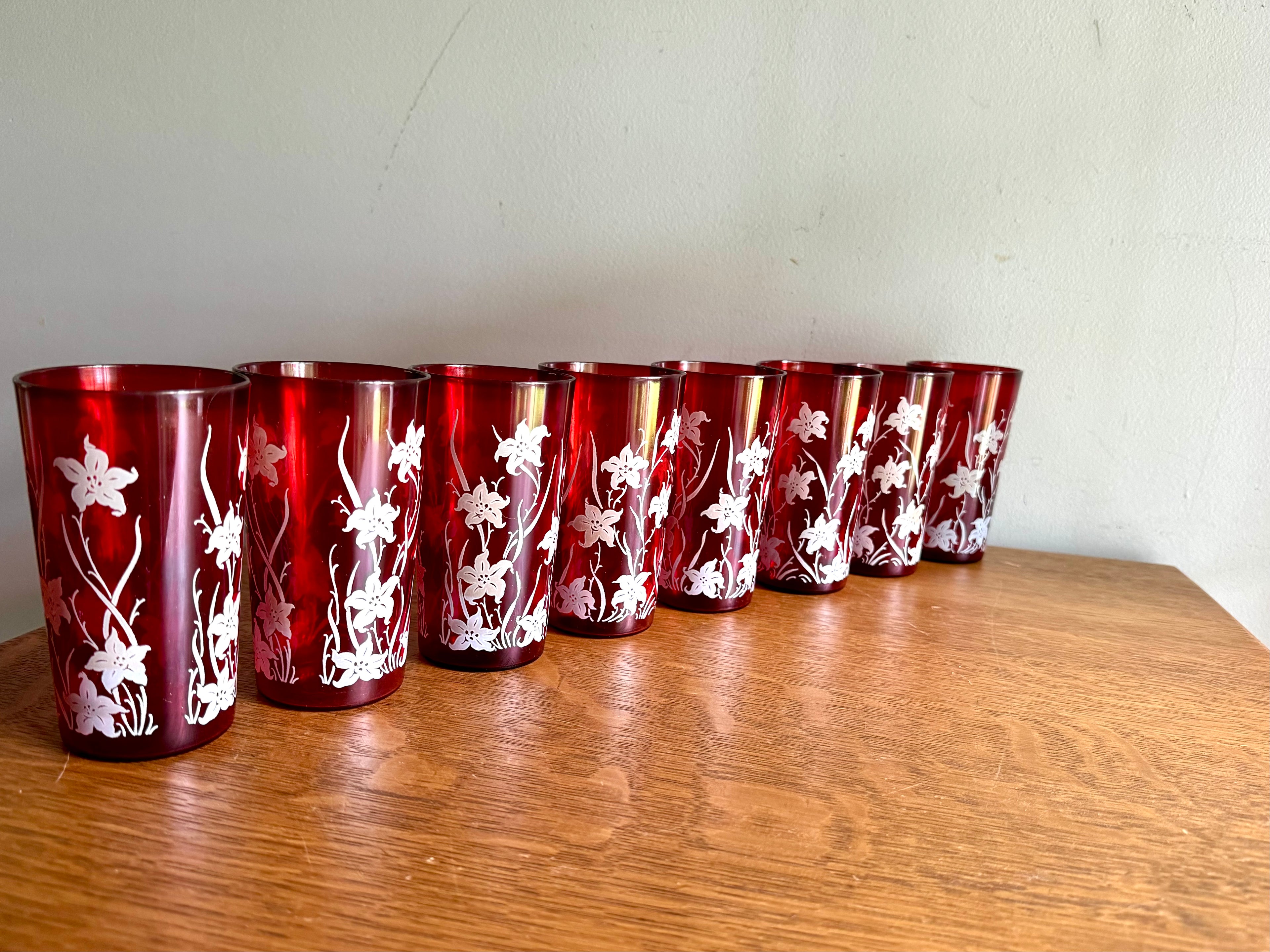 Set of 8 Ruby Red Anchor Hocking Juice Glasses | Anchor Hocking White Tiger Lilly Glasses | MCM Ruby Red With Tiger Lily Glasses with Caddy