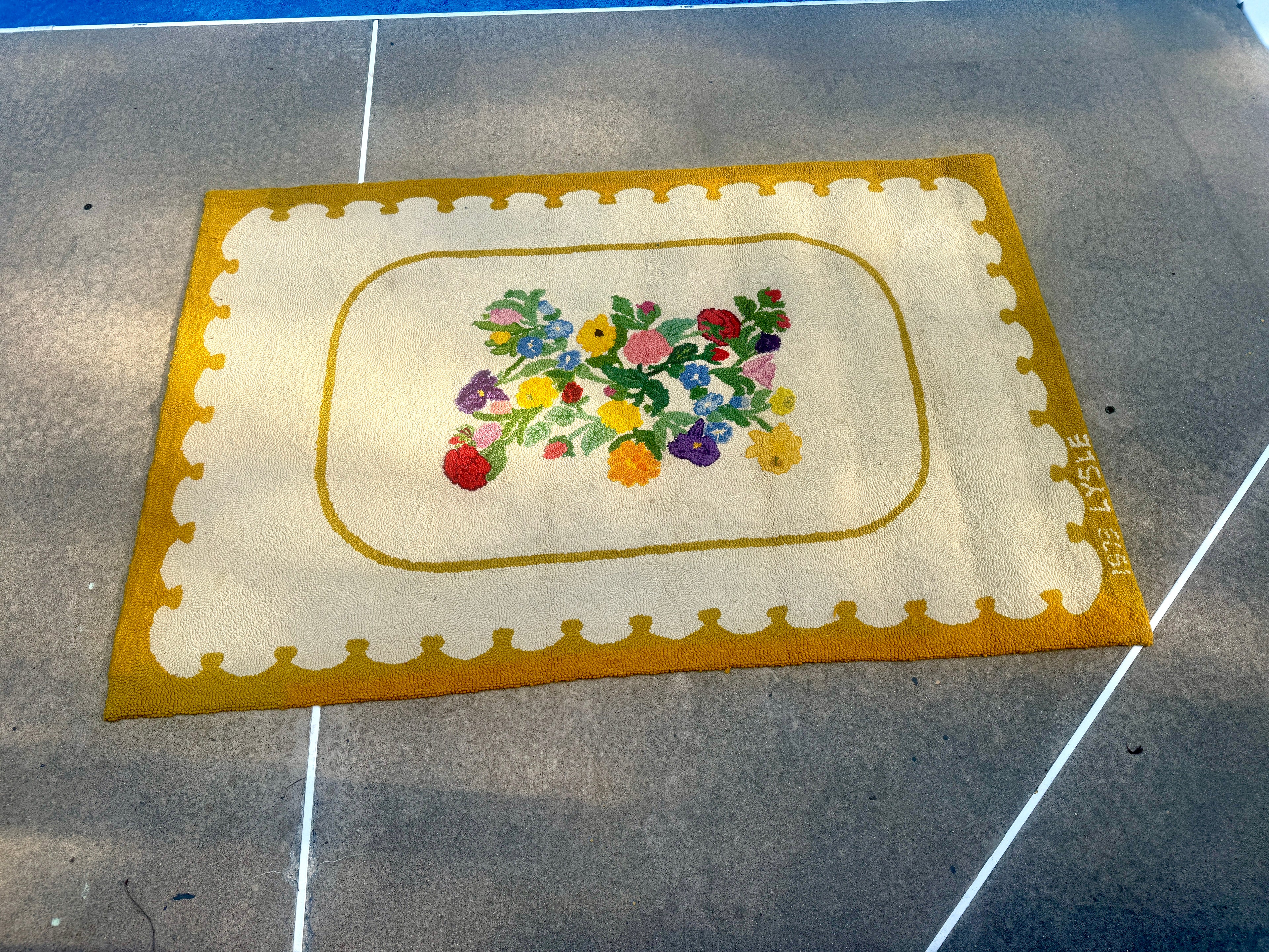 Vintage Hand-Hooked Vibrant Yellow and White Floral Centerpiece 84" X 55" Rug ~ Handmade Floral Rug