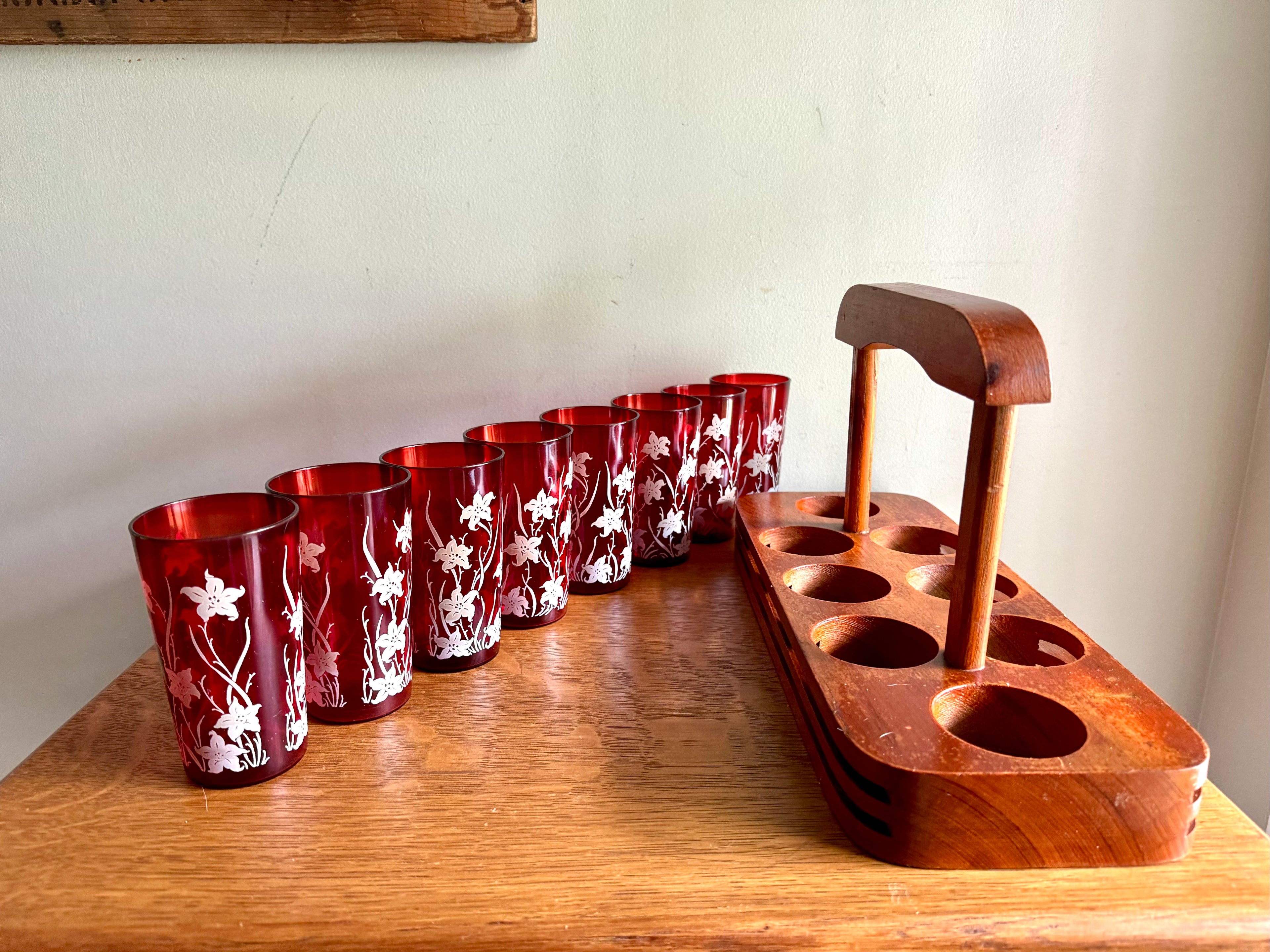 Set of 8 Ruby Red Anchor Hocking Juice Glasses | Anchor Hocking White Tiger Lilly Glasses | MCM Ruby Red With Tiger Lily Glasses with Caddy