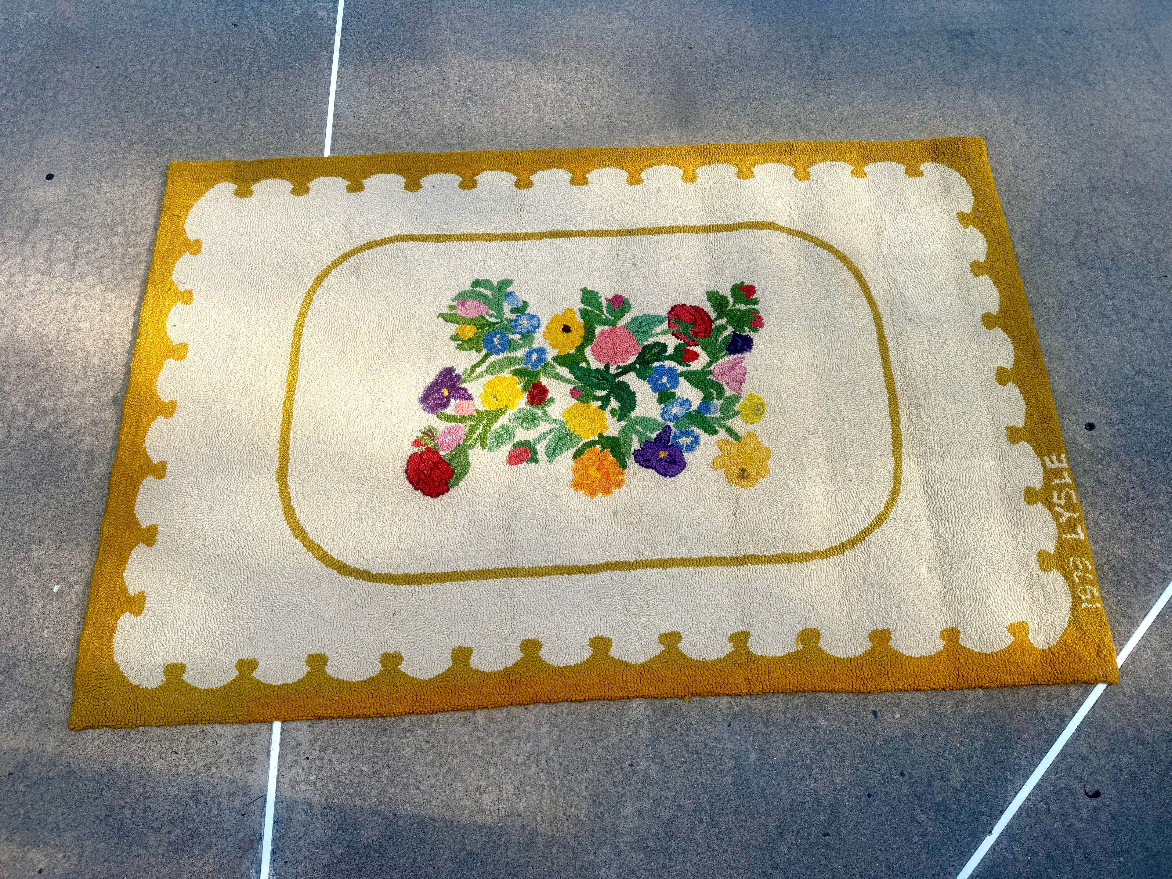 Vintage Hand-Hooked Vibrant Yellow and White Floral Centerpiece 84" X 55" Rug ~ Handmade Floral Rug