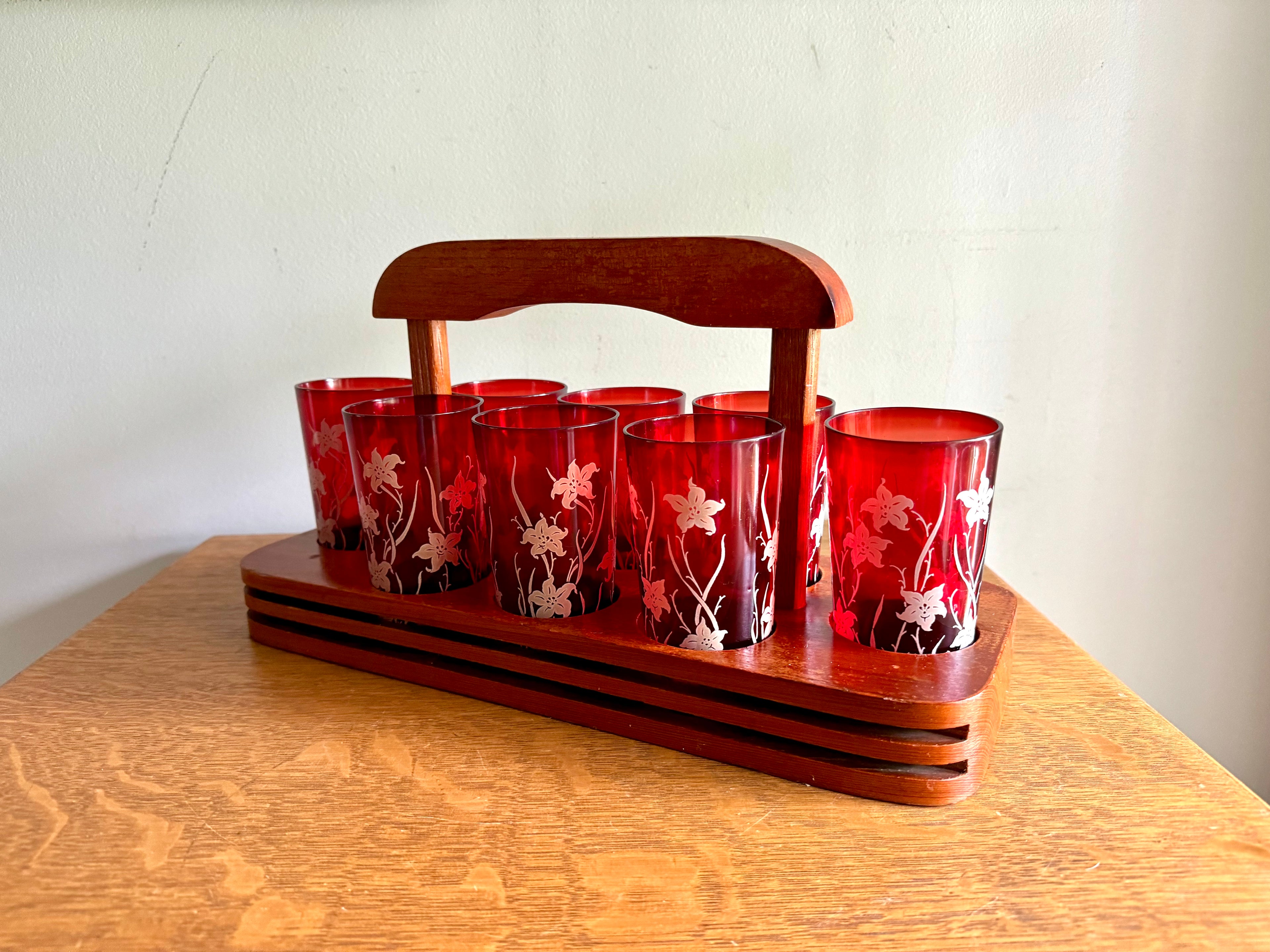 Set of 8 Ruby Red Anchor Hocking Juice Glasses | Anchor Hocking White Tiger Lilly Glasses | MCM Ruby Red With Tiger Lily Glasses with Caddy