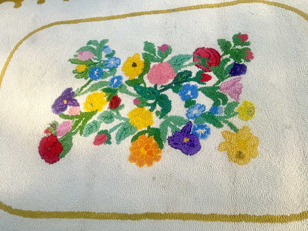 Vintage Hand-Hooked Vibrant Yellow and White Floral Centerpiece 84" X 55" Rug ~ Handmade Floral Rug